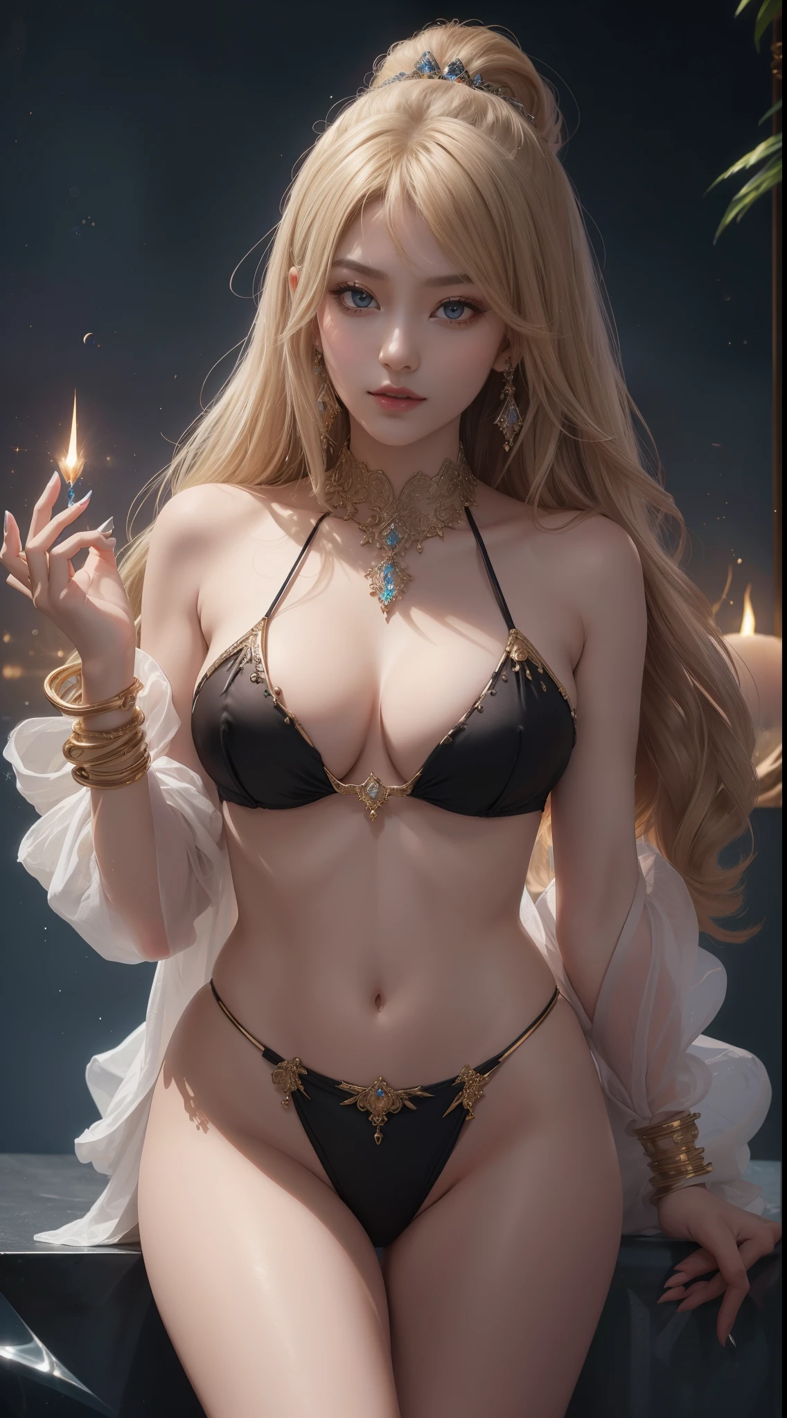 tmasterpiece，Highest image quality，Beautiful bust of noble exotic dance，Sophisticated black and blonde hairstyle，A dazzling array of exquisite jewelry，Exotic bikini dance wear，Ultra-detailed details，advanced。At the Pixiv Art Station，Break your own power，，Obscenity exposed，R-18G