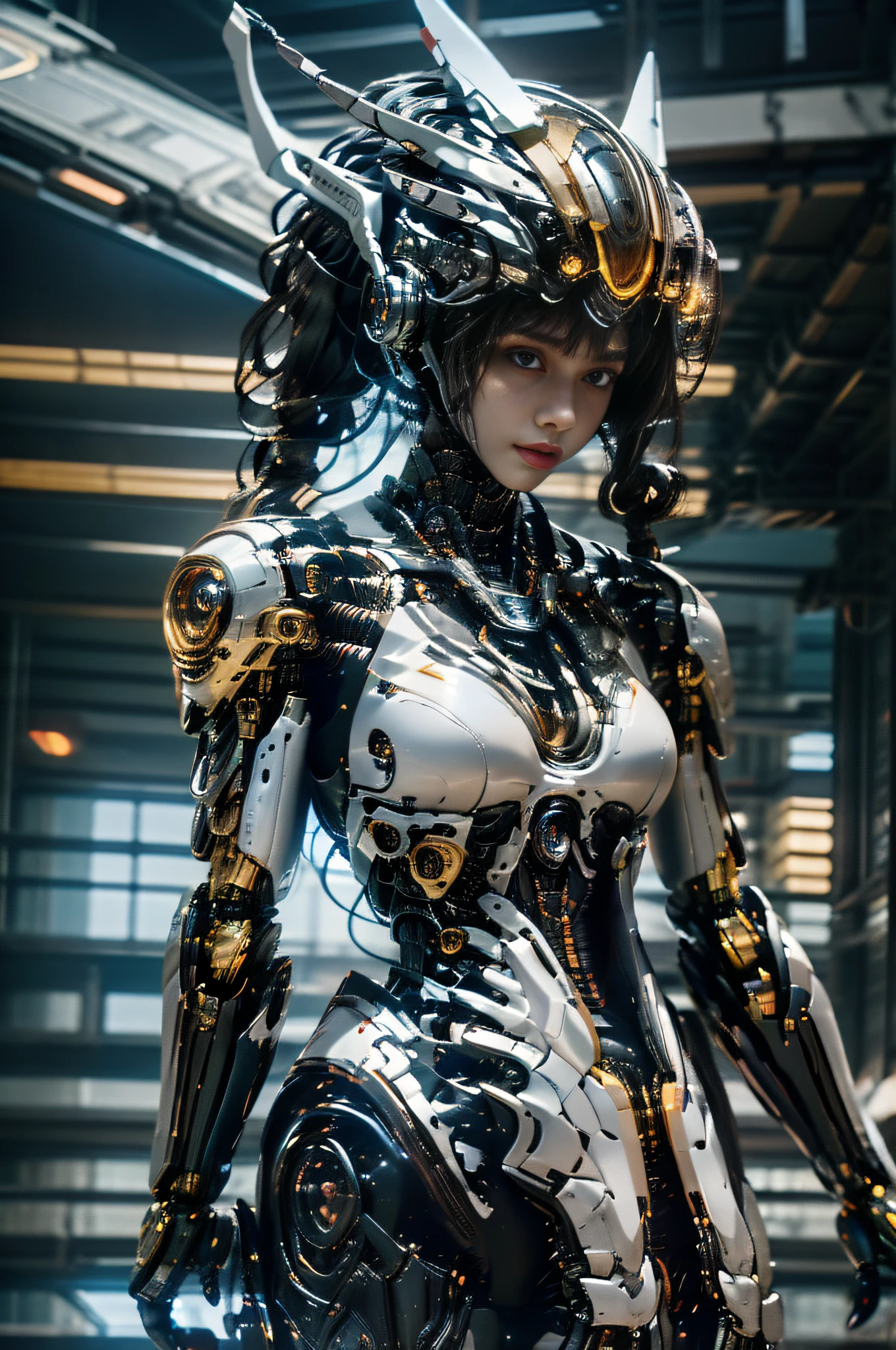 A woman in a futuristic suit, robot-girl, Female robot body, Look at me charmingly，Beautiful white girl robot, Beautiful robot girl, Perfect anime robot woman, robot-girl, mech robot, perfect android girl, Cute robot girl, perfect robot woman, unreal engine rendered + welcoming, anime robots