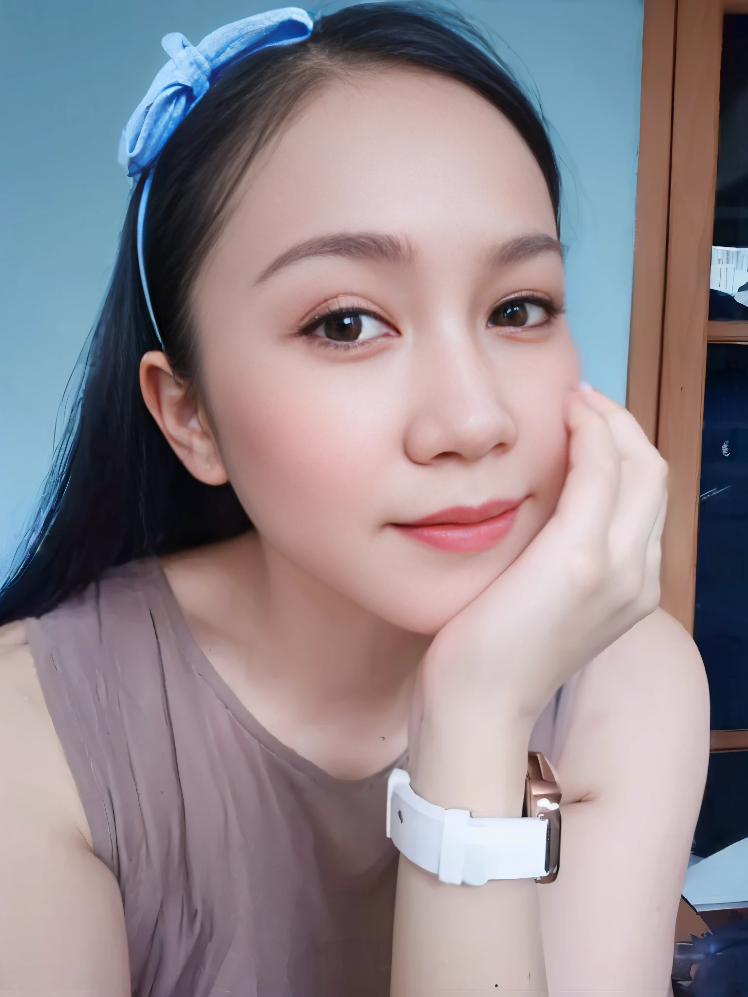 there is a woman that is sitting down with her hand on her chin, 2 7 years old, with accurate face, 2 8 years old, 8k selfie photograph, face with artgram, picture, 2 9 years old, attractive photo, face picture, selfie photo, with kind face, selfie shot straight on angle, potrait, 3 0 years old woman