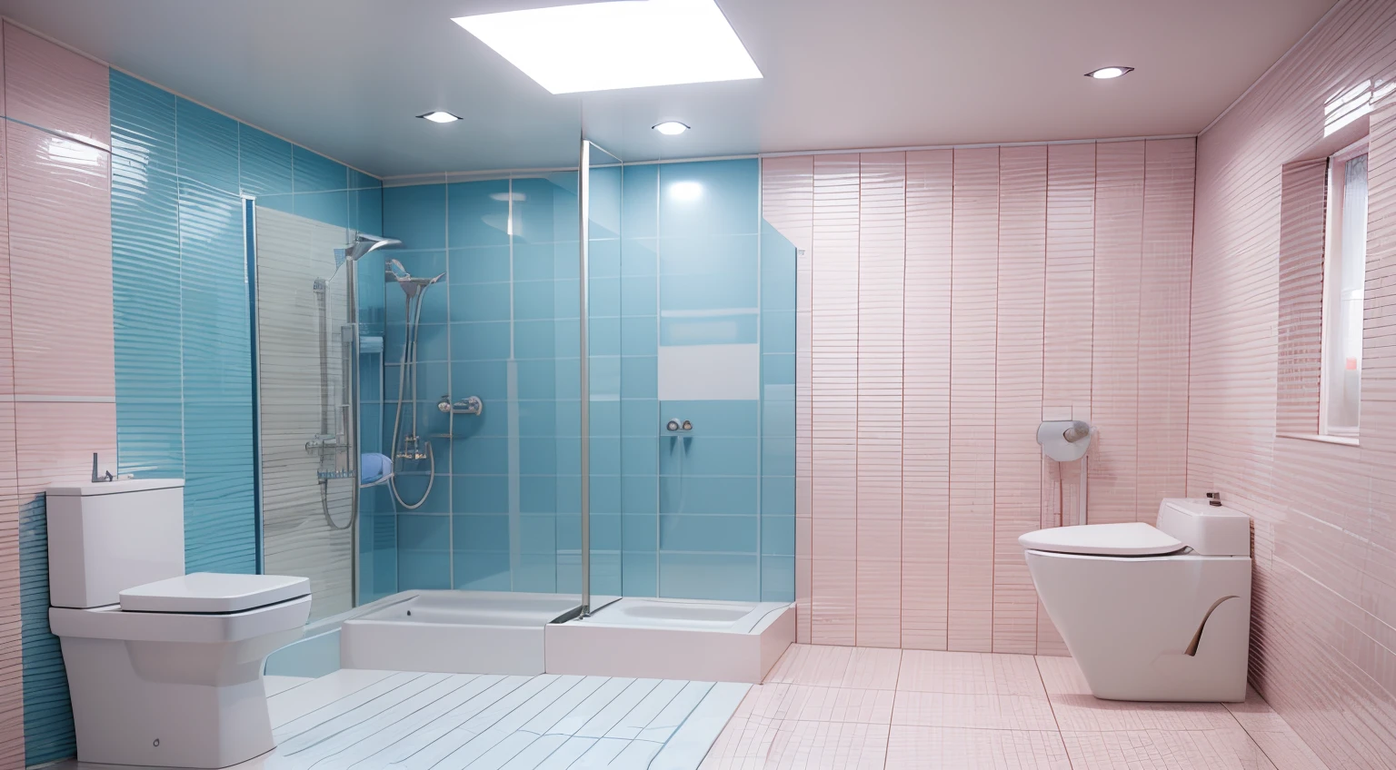 Pink tiled bathroom with washing machine and floating toilet, minimal blue color palette, colours, excellent 3d render, Rendered in Unreal Engine 6