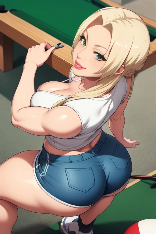 Senju Tsunade, ((Bimbo))), Long Blond Hair, cute smile face, Puffy lips, Painted lips, thick lips, wide hips, thick thighs, Huge ass, The face of craving desire , cleavage, mature mom, playing billiards, booty shorts, Photo from above
