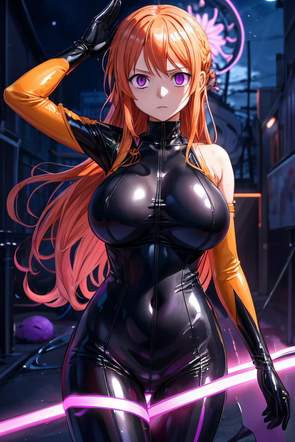 {1girl in},{{{{{masutepiece++, Best Quality++, Ultra-detailed+, 超A high resolution,(Photorealistic:1.4),Raw photo,(Nami)+,(Nami)+,(One Piece NAMI)+,(Onepiece),Orange hair, Girl in black latex full body suit,very aesthetic, Best Quality, absurderes, 1girl in, Brainwashed,}}}}}, ((purple glowing eyes 1.3)), (huge-breasted:1.2)deadpan, laboratory, Darkness Room, (Neon light:1.2), (Night:1.5), stand up and salute