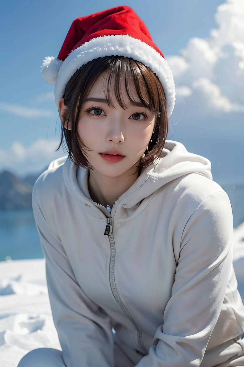 plein air、South Pole、Photorealsitic, hight resolution, 1 rapariga、Colorful Hair Color, Korea person, Heterochromia eyes、South Pole、stardust、penguin、short cut hair、Blunt bangs、Huza、white t-shirts、pleatedskirt、A flock of penguins