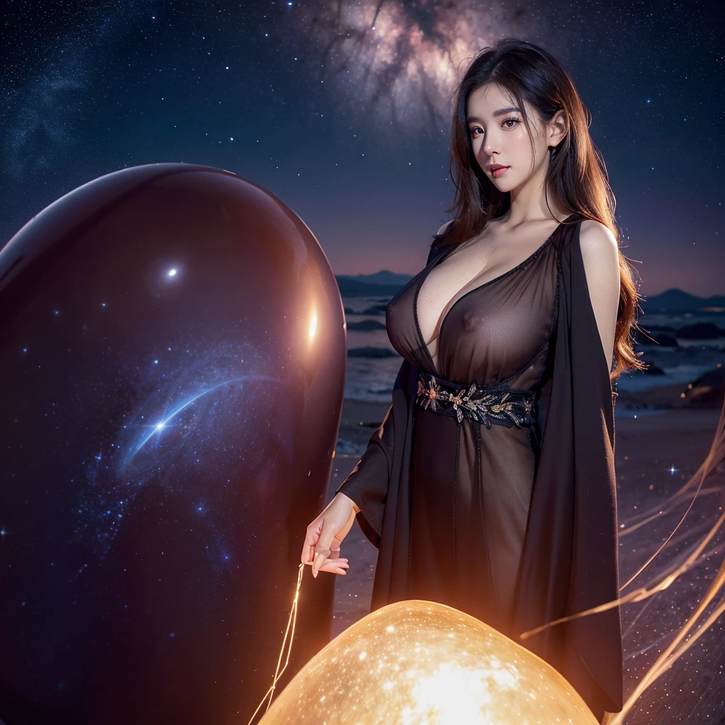 (Best quality, tmasterpiece), 1 girl, Particle, ventania,looking at viewert,evening formal robes,(highdetailskin:1.2), (humongous large breast:1.3),Background with,cosmic, Starcloud, galaxias。