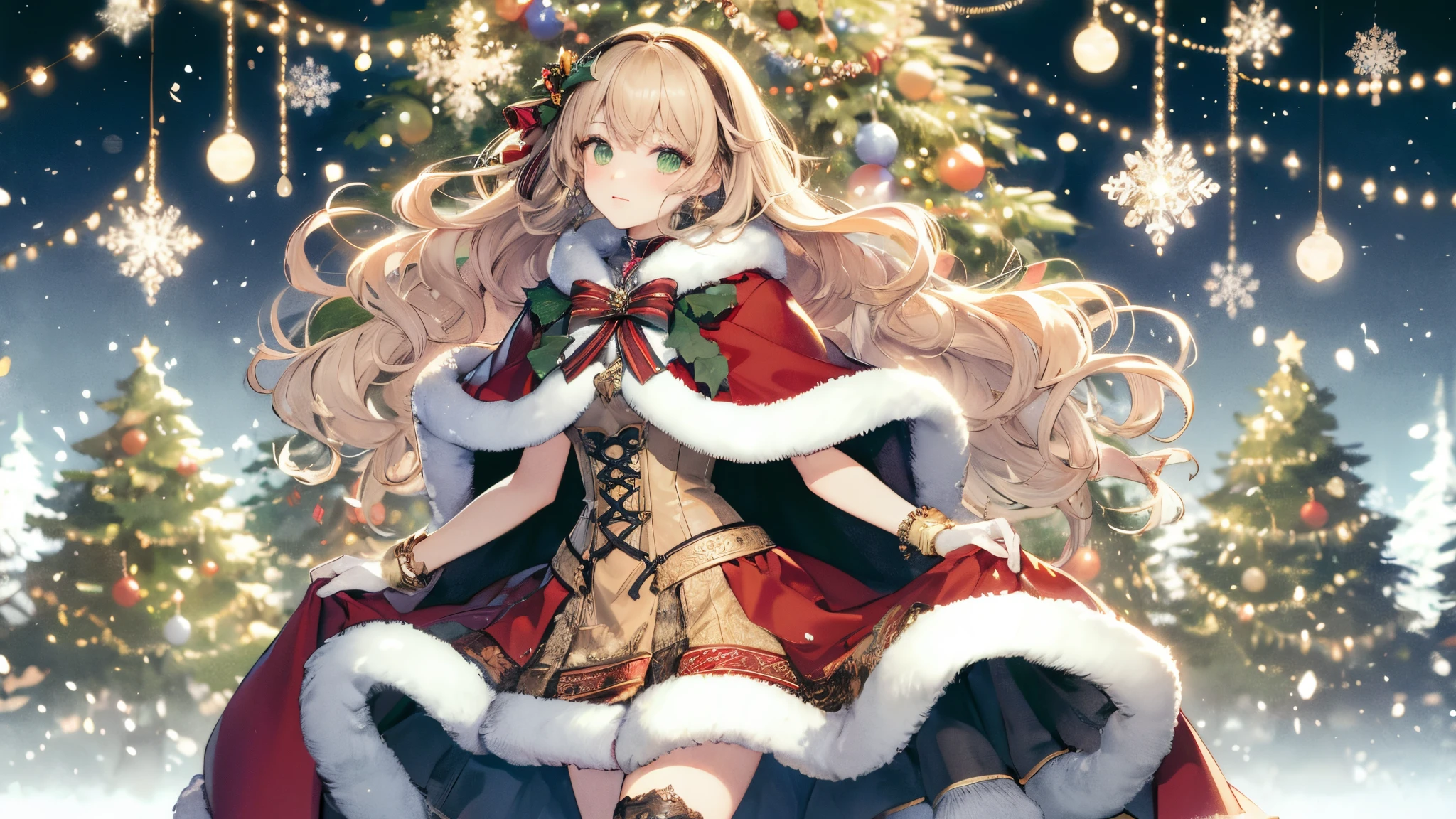 Big breasts, An elegant, A woman with long, fluffy blonde hair and green eyes, Wearing a sophisticated Santa costume with a cloak and short skirt。. Large objects appear in the background, Beautifully decorated Christmas tree with twinkling lights. she is dancing among the snowflakes, her face is slightly reddish、I could see my breath in the cold air. The image is rendered in a mature Japanese anime style, Features clear line drawings, Transparent watercolor, and clear shading. portrait is vertical, Capturing her grace and celebratory spirit