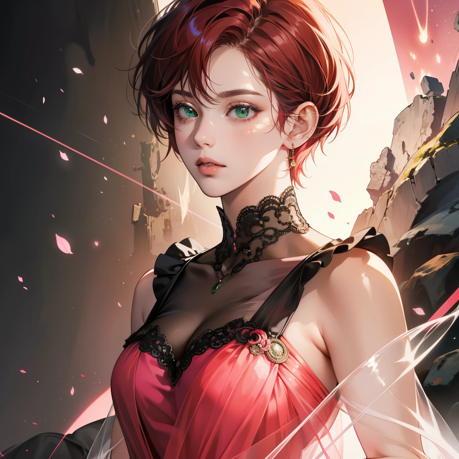 Masterpiece, high quality, best quality, HD, realistic, perfect lighting, detailed body, 1 woman, perfect eyes, short hair, Black & Red Hair, glowing, Pink & Green Dress, background.