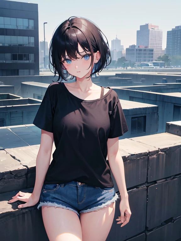 1girl, short black hair, blue eyes, wearing plain black shirt, denim shorts, city, absurdres, high res, ultrasharp, 8K, masterpiece, looking at viewer
