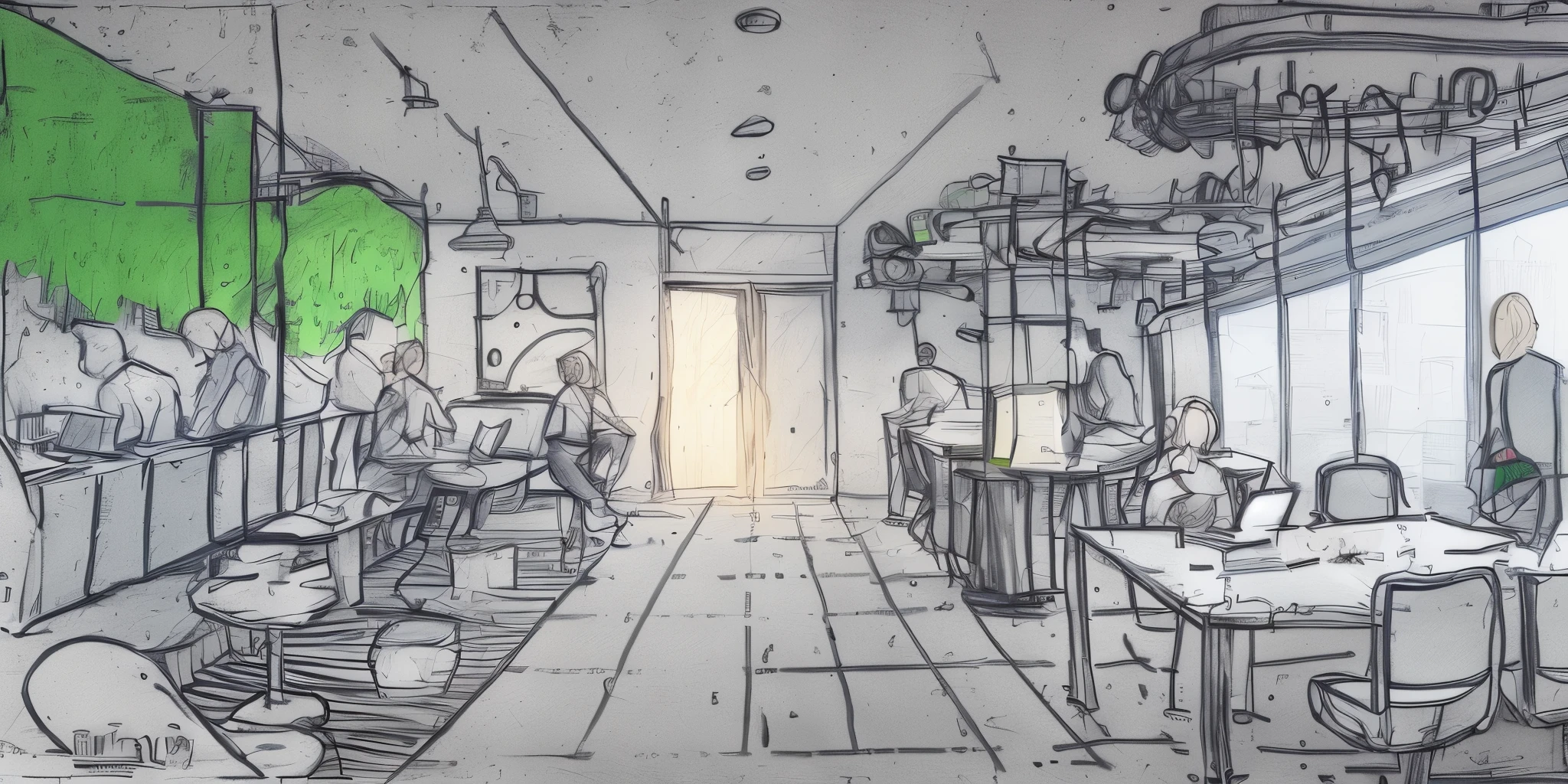 a drawing of a office with a lot of people sitting at tables, trees hang, with sunlight from left frame windows sai gon city view at 9h:00am, Photo taken with Leica camera, focal length 35, High realism, cinematic style