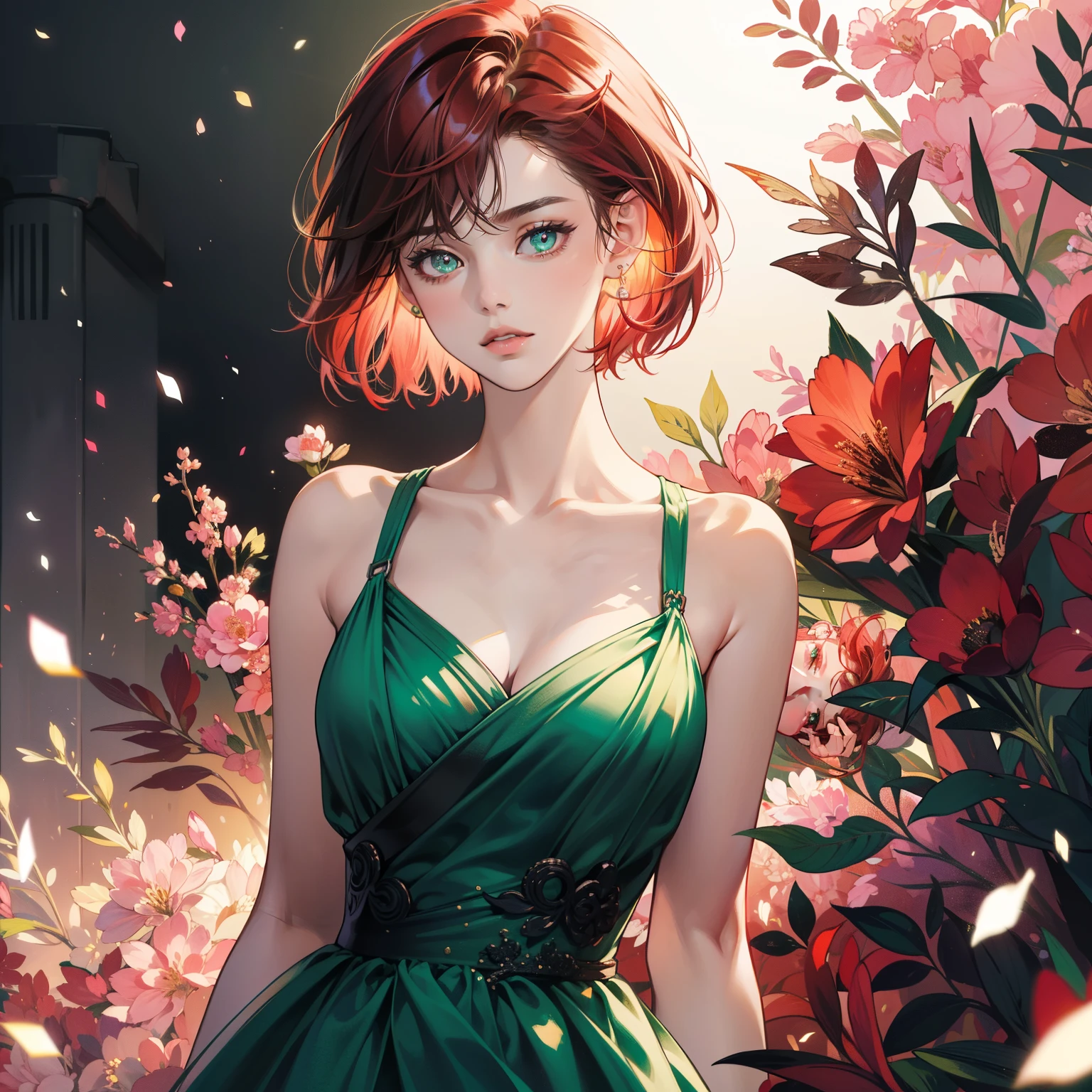 Masterpiece, high quality, best quality, HD, realistic, perfect lighting, detailed body, 1 woman, perfect eyes, short hair, Black & Red Hair, glowing, Pink & Green colour Dress, background.