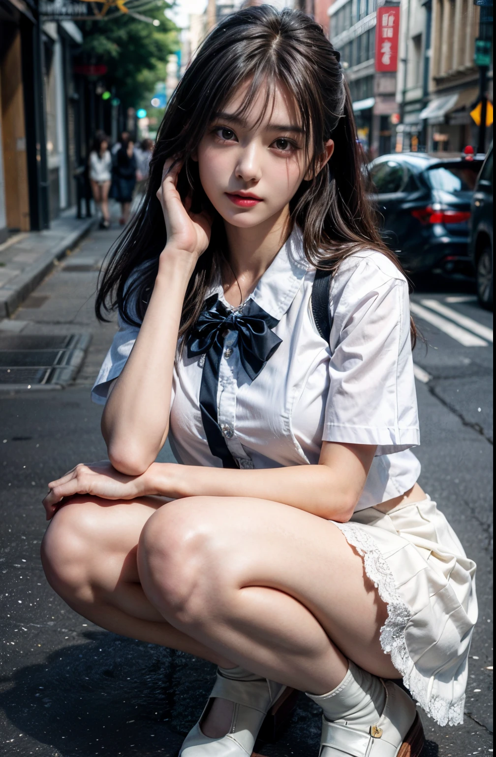beautiful Girl,Move the center of gravity back,Reach out and put your feet forward,(White cotton gloves:1.put both feet in the hands,Very happy,with no underpants,Thin leg,white short-sleeved top,Leotard skirt,90 degree knees,heels on the ground,Hands in front of your feet,Hold your legs,kneeking,Pedestrian walkway,RAW Photos,8K,top-quality, 超A high resolution,beautiful faces detailed,Real Human Skin,front-facing view,From the angle below,Long whit hair,realisticlying,realisticlying,adolable,falda corta,Squatting deep in the city,Cute Schoolgirl,Japanese Schoolgirl Uniform,Surreal High School Girl,full body Esbian,frontage,Open your legs,squatt,White lace panties