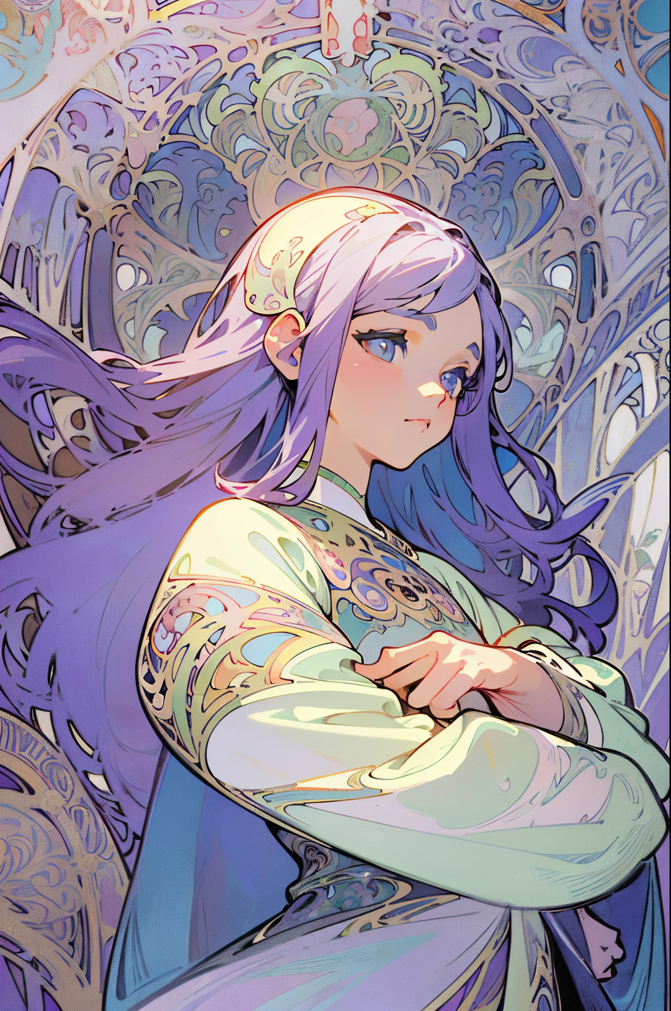 beautiful person、realisitic、(masterpiece、top-quality、top-quality、Official Art、Beautifully Aesthetic:1.2)、ighly detailed、Fractal Art、colourfull、highestdetailed、Alphonse Mucha style、(art nouveau background:1.5) (1girl:1.3)、(a bird)、silber hair、Bright eyes、Long、white robes、