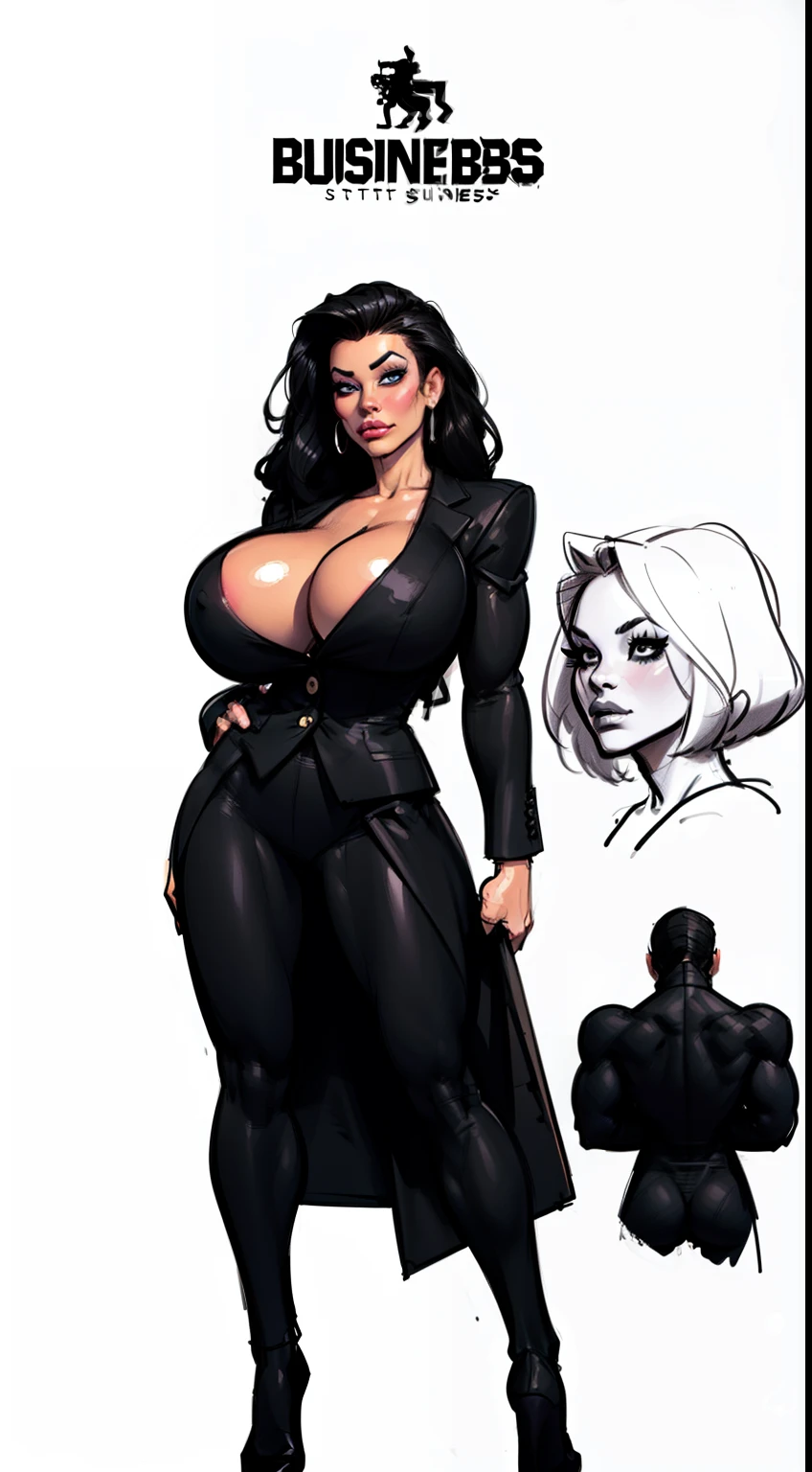 ((masterpiece)),(((best quality))), ((character design sheet:1.5)), (((sketches:1.5))), lineart, pencil lines only, (full body view)) illustration,1girl, muscular, ((black business suit:1.5)), ((hair combed back:1.4)), ((make up:1.2)), ((detailed face:1.4)) ((gigantic breasts:1.6)), (slendered abs), ((cleavage)), beautiful woman, (thick legs), scribbles and marks, rough sketches, pose, 8k,16k, ( background, white background: 1.3)