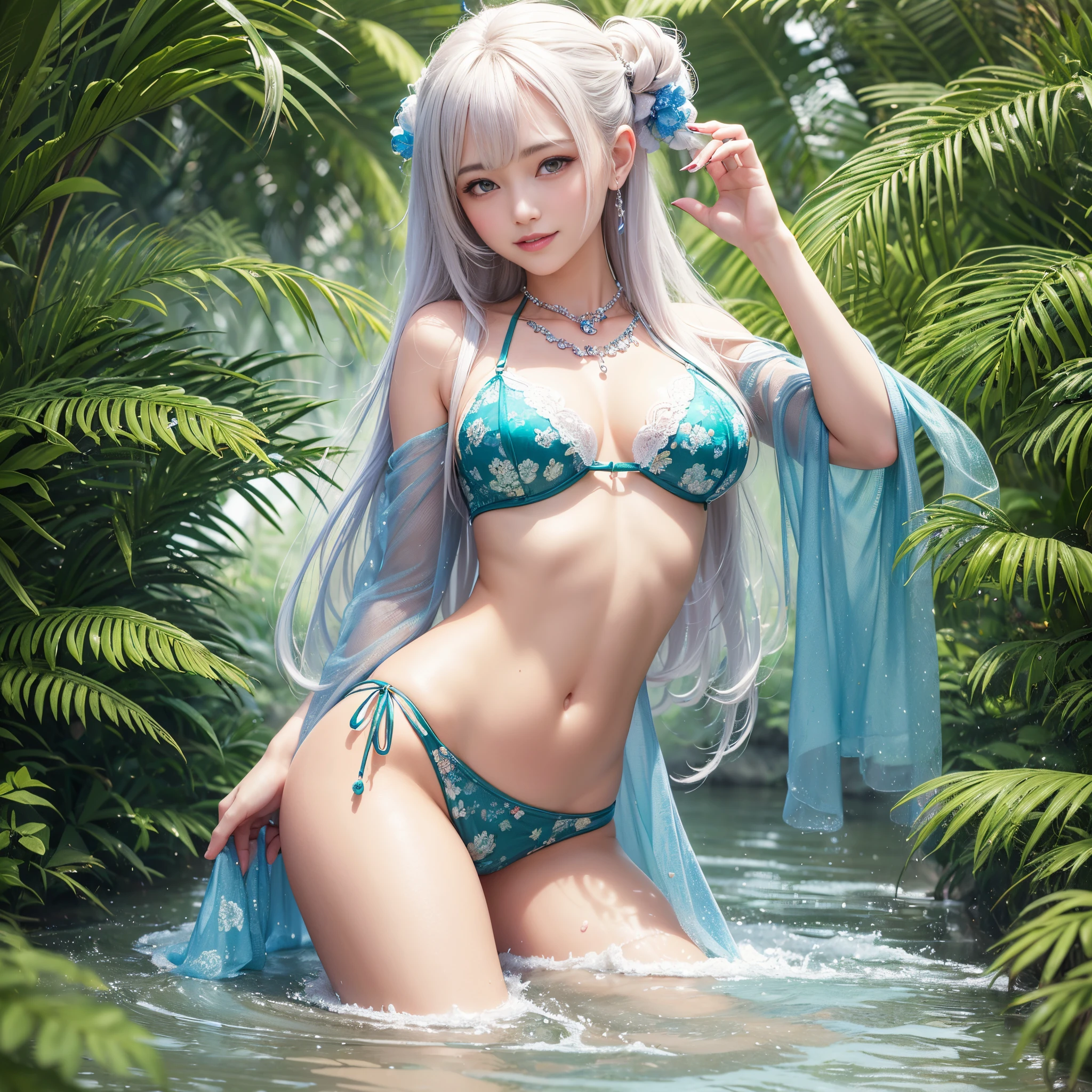 (Best quality, 8k, 32k, Masterpiece, UHD:1.2) water nymph welcomes you to her private island, tropical island, jungle, jewelry, clothed, sfw, pacific, smile