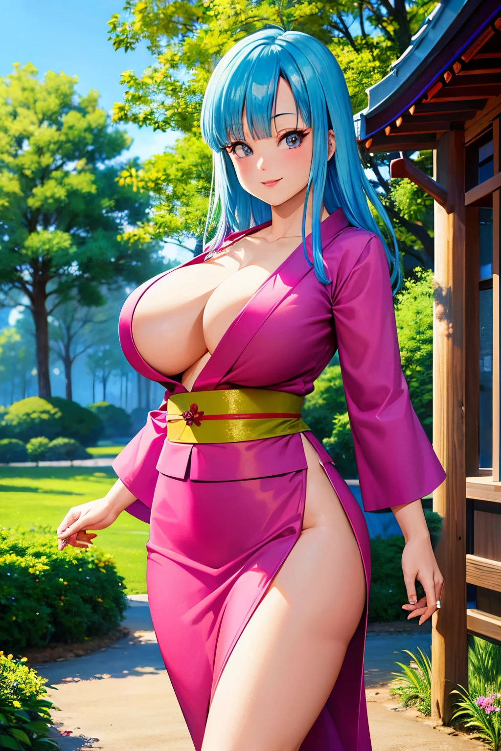 (8k, best quality, masterpiece:1.2), (finely detailed), detailed illustration,intricate,japanese forest, shrine,maron, (pink kimono:1.2), cleavage, side slit, blue eyes,aqua hair,blunt bangs,tree,cowboy shot, smile,  looking at viewer,  solo, purple obi, ((huge breasts:1.3)), long sleeves