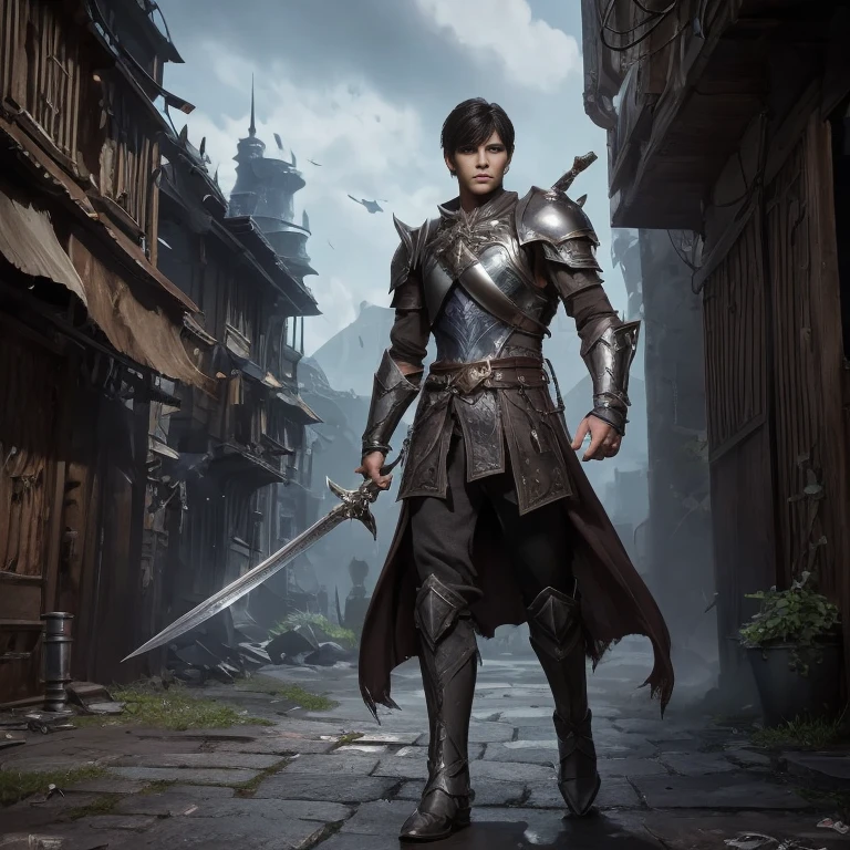 RPG style young boy wearing chest armor with cropped dark hair and worn and cracked cuffs shabby dark clothes holding shield and sword dark boots full body image with fantasy RPG city background walking forward confident expression amazing details on face and body