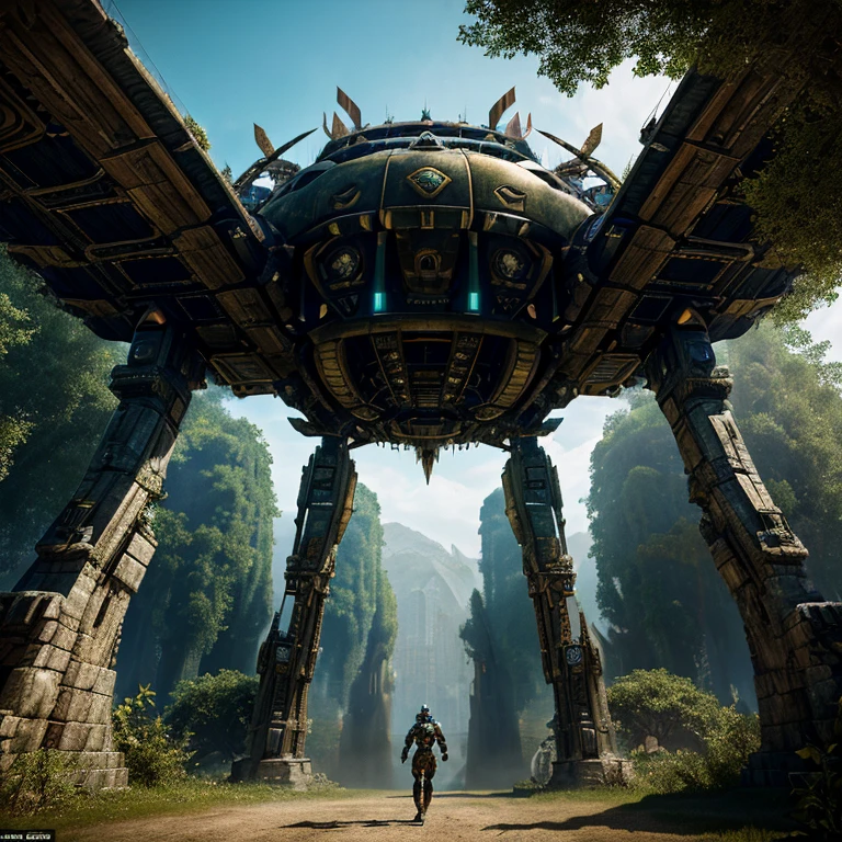 Best quality,ultra - detailed,Medieval science fiction fusion,3 Rendering,Concept artist,sporty attire,Detailed characters,ancient buildings,future-tech,mystical landscapes,epic battles,vibrant with colors,an enchanted forest,alien creatures,magical artifacts,Steampunk elements,Warrior Princess,hover airship,advanced weaponry,Giant mechanical dragon,Mysterious ruins