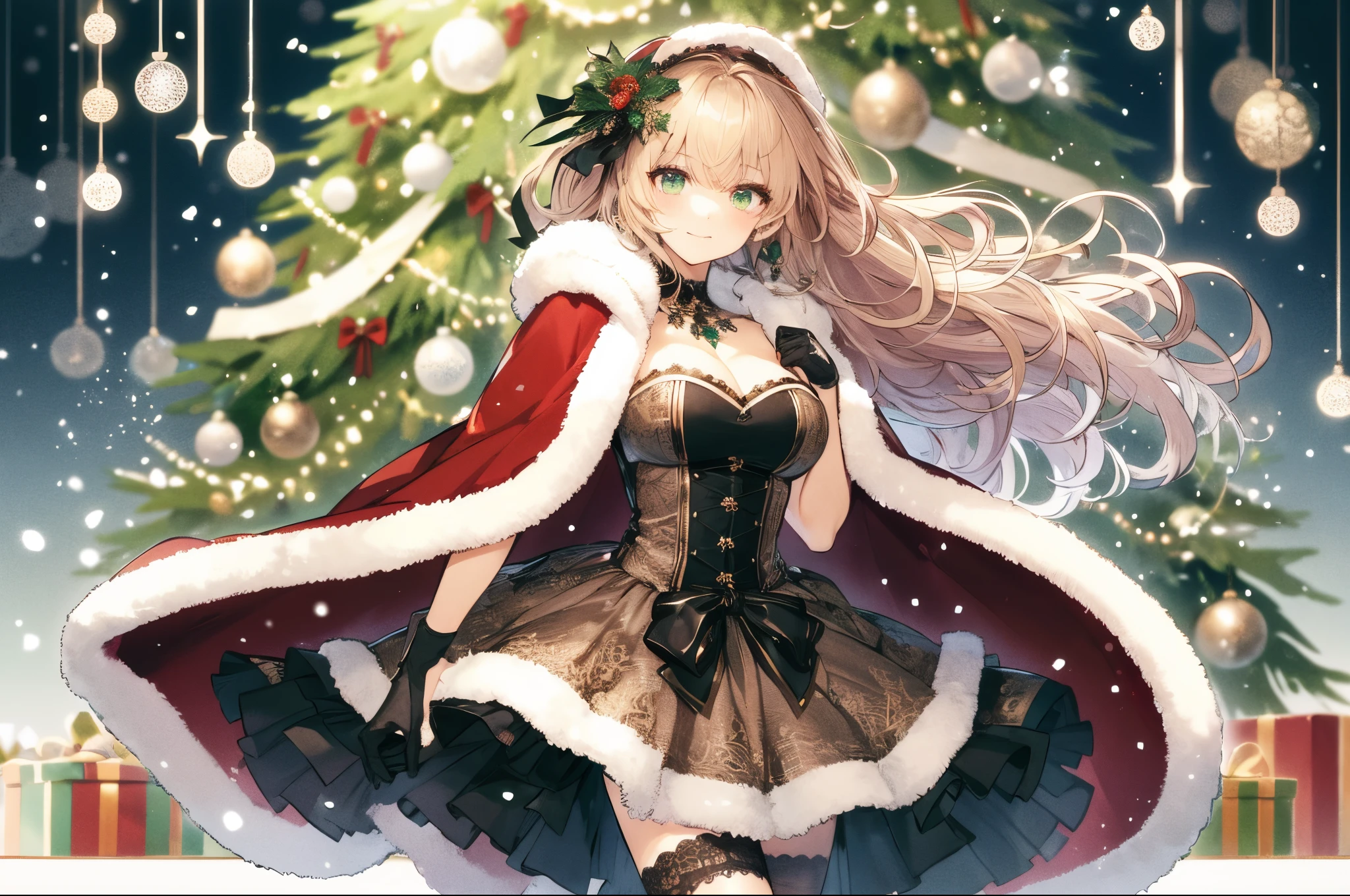 Big breasts, An elegant, A woman with long, fluffy blonde hair and green eyes, Wearing a sophisticated Santa costume with a cloak and short skirt。。. Large objects appear in the background, Beautifully decorated Christmas tree with twinkling lights. she is dancing among the snowflakes, Her face is a little red、I could see my breath in the cold air. The image is rendered in a mature Japanese anime style, Features clear line drawings, Transparent watercolor, and clear shading. vertical portrait, Capture her grace and celebratory spirit