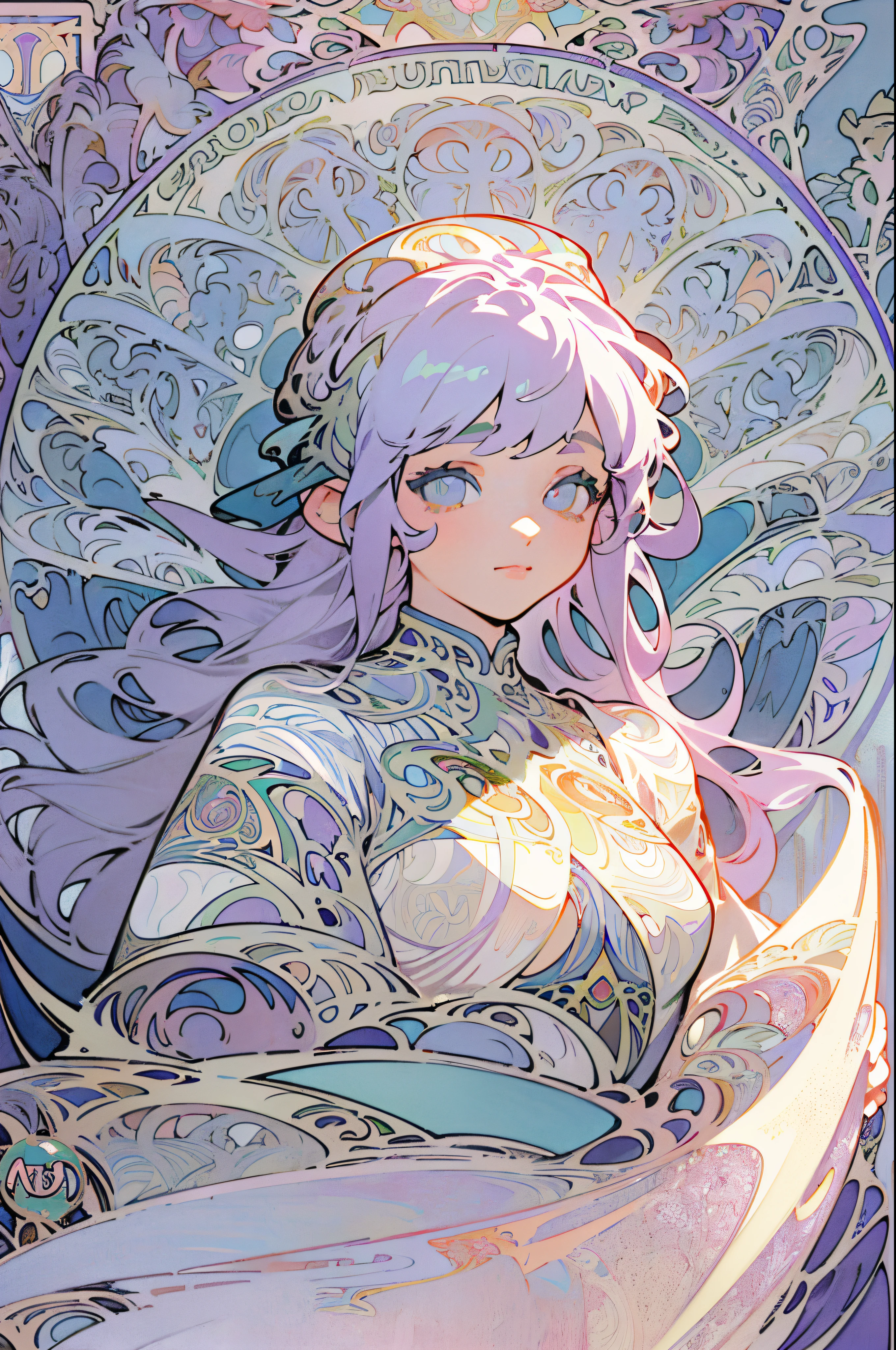 Beautiful person、realisitic、(masterpiece、top-quality、top-quality、Official art、Beautifully Aesthetic:1.2)、ighly detailed、Fractal Art、colourfull、highestdetailed、Alphonse Mucha style、(Art Nouveau background:1.5) (1girl in:1.3)、(a bird)、silber hair、Bright eyes、long、white robes、A slight smil
