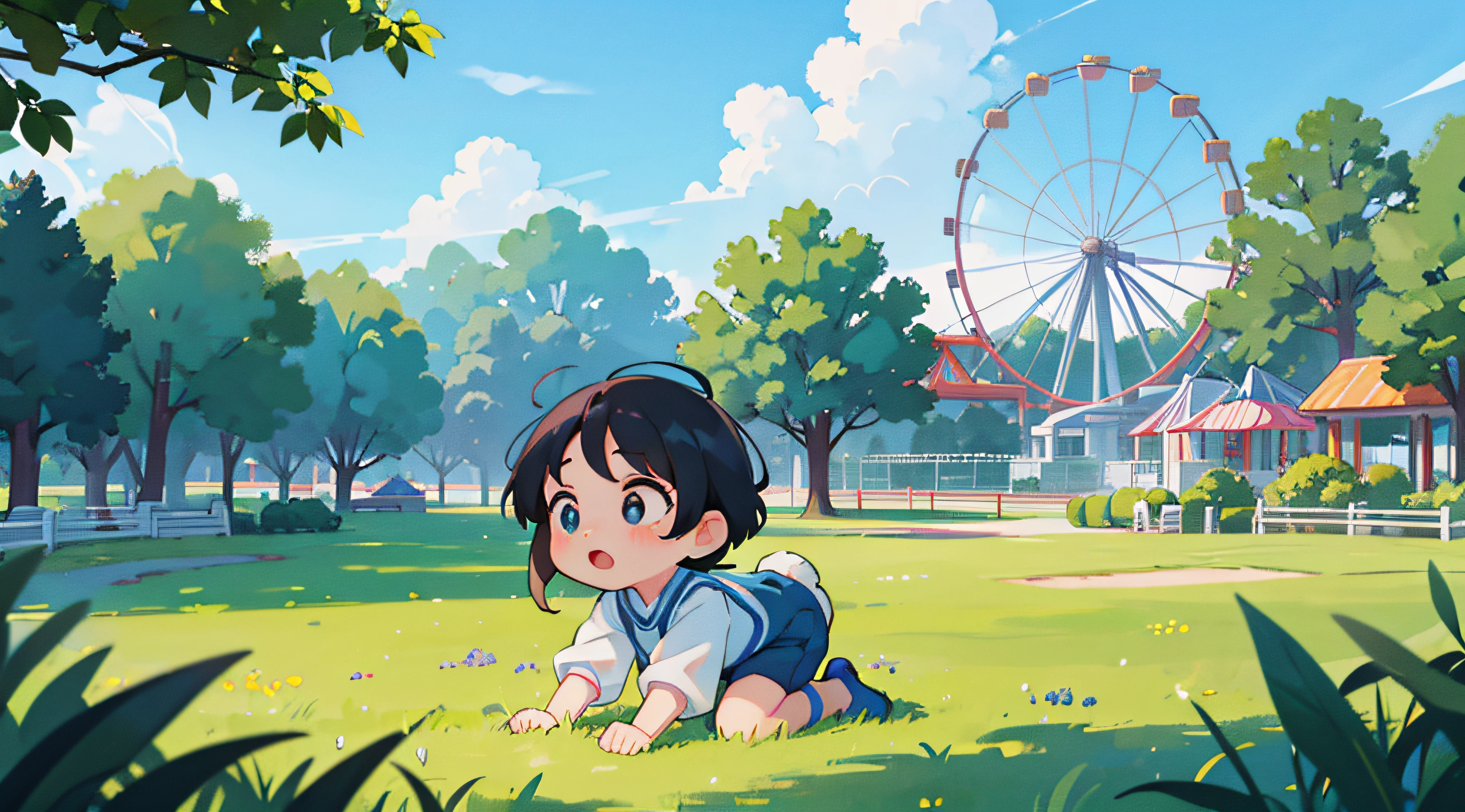 in an amusement park，blue-sky，baiyun，Green meadow，Rides，scenecy，Close-up of child sprained after falling