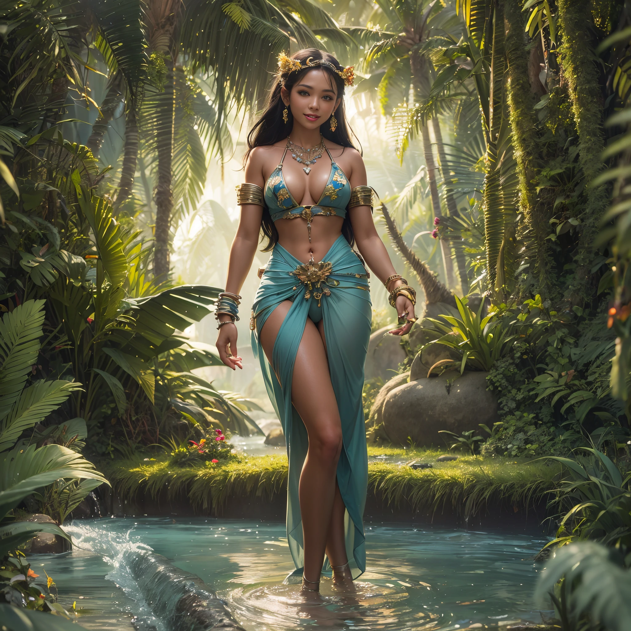 (Best quality, 8k, 32k, Masterpiece, UHD:1.2) water nymph welcomes you to her private island, tropical island, jungle, jewelry, clothed, sfw, pacific, smile