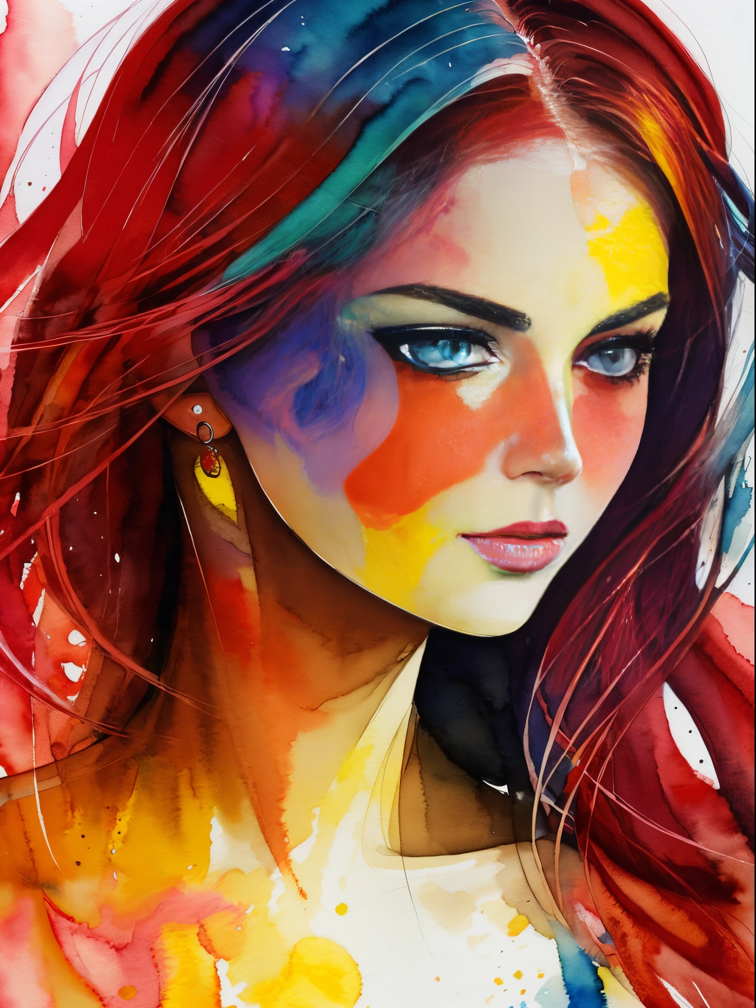 A painting of a woman with a red and yellow face, Sylvia Pelissero watercolors, Tumbler, figurative art, Intense watercolor painting, watercolor detailed art,expressive beautiful painting, a beautiful artwork illustration, very colorful tones, Fantastical, Best Quality,Official art, Female Solo, a closeup, contour of the wave