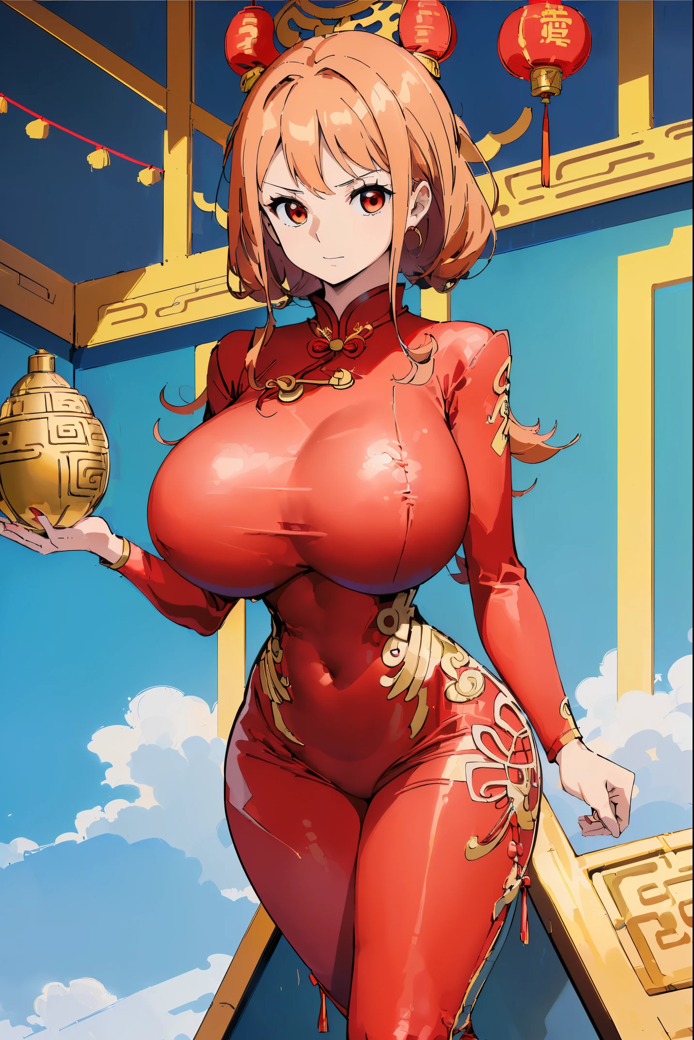 sexy women, China environment, silber hair, ((((humongous large breast)))), (((Red cheongsam)))), ((((Red cheongsam)))), (((Gold accents))), ((Perfect hourglass figure)), (((Big breasts that expose the))),