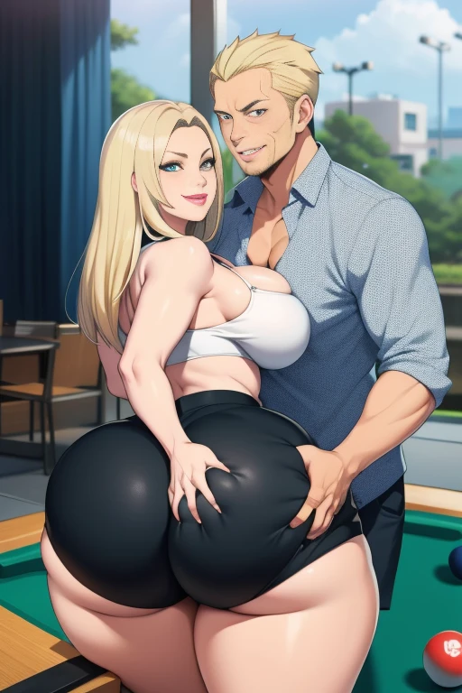 Senju Tsunade, ((Bimbo))), Long Blond Hair, cute smile face, Puffy lips, Painted lips, thick lips, wide hips, thick thighs, Huge ass, The face of craving desire , cleavage, mature mom, playing billiards, teasing, booty shorts, guy is groping her ass, guy is grabbing her ass, ass being squeezed, view from front