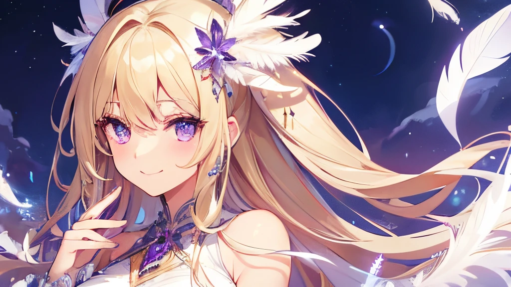 two side up,sparkling purple eyes,blonde,classy white dress,feather hair ornament,Fantastic, highly detailed very beautiful big smile face, beautiful detailed hair, solo,superfine illustration,night sky,full moon