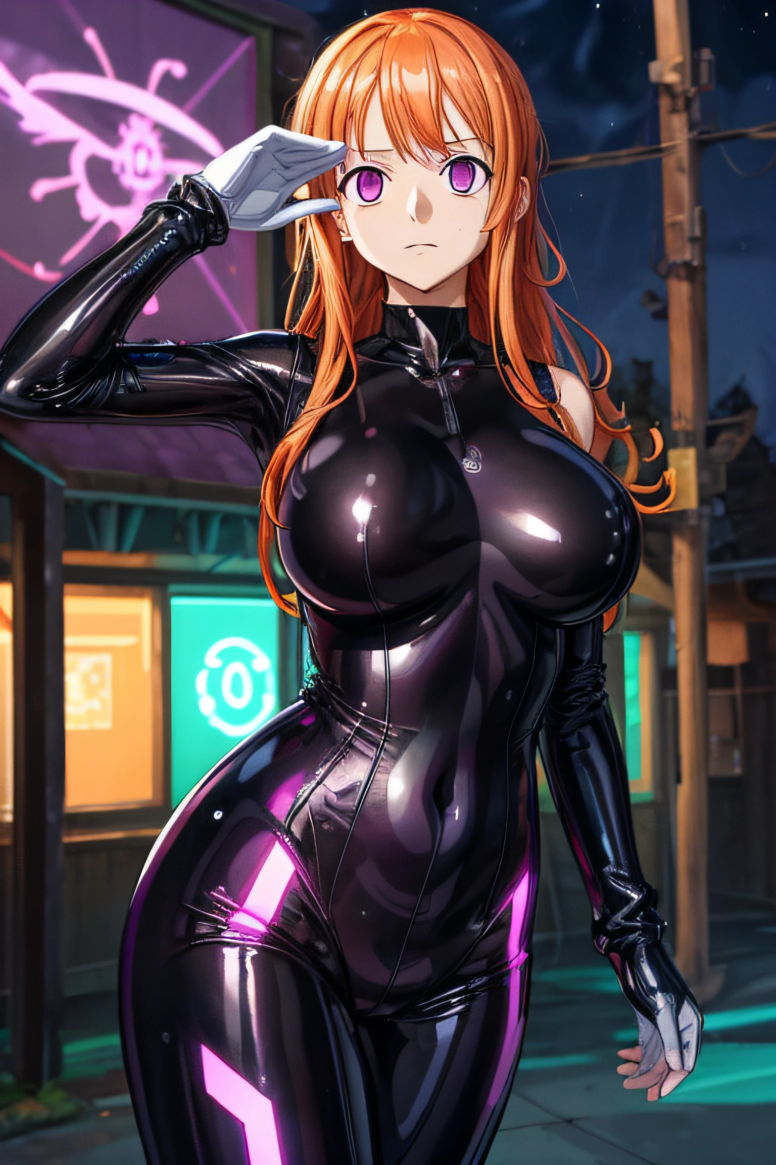 {1girl in},{{{{{masutepiece++, Best Quality++, Ultra-detailed+, 超A high resolution,(Photorealistic:1.4),Raw photo,(Nami)+,(Nami)+,(One Piece NAMI)+,(Onepiece),Orange hair, Girl in black latex full body suit,very aesthetic, Best Quality, absurderes, 1girl in, Brainwashed,}}}}}, ((purple glowing eyes 1.3)), (huge-breasted:1.2)deadpan, laboratory, Darkness Room, (Neon light:1.2), (Night:1.5), stand up and salute