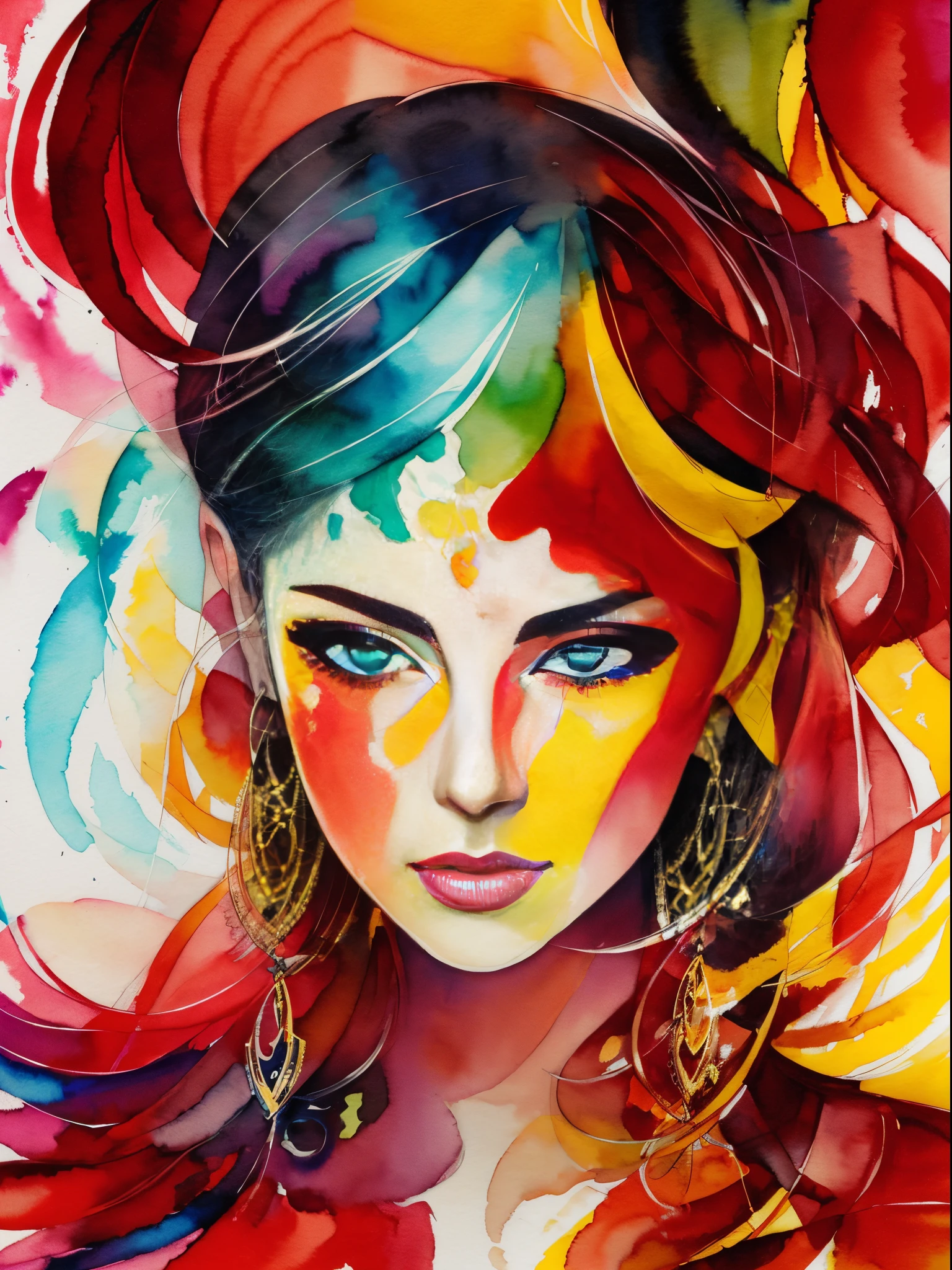 A painting of a woman with a red and yellow face, Sylvia Pelissero watercolors, Tumbler, figurative art, Intense watercolor painting, watercolor detailed art,expressive beautiful painting, a beautiful artwork illustration, very colorful tones, Fantastical, Best Quality,Official art, Female Solo, contour of the wave