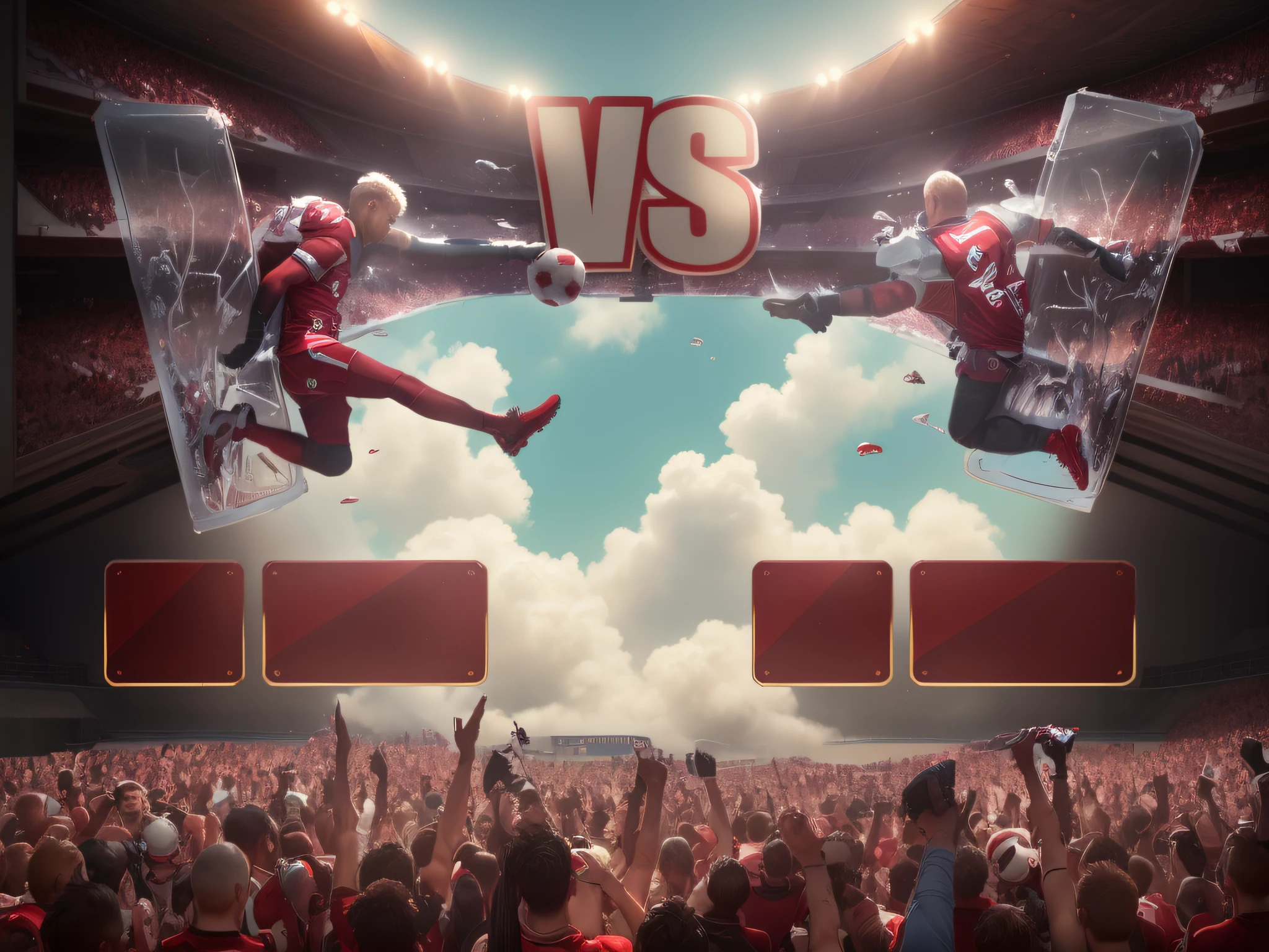 filmposter,Frosted glass and silver metal mixed texture,Clear glasedazzled,3D,tmasterpiece,Best quality,atmospheric pressure,artwork undo vermelho,8K,Highest level,Pull the wind,bloody,riptide,Two male football players,Come out of clear glass,The glass plane is correct,normal human tissue structure,The shoes are the same color,No shortage of hands or feet,Ute No. 4,IU,000 battle,intense battles,Crimson and silver color scheme,game score portrait,soccer court,All hands are perfect,VS has a strong metallic texture,bump,Strong non-learning,finale,Mechanical demon,struggle,to emphasize,mourning,trailer,Wallpapers