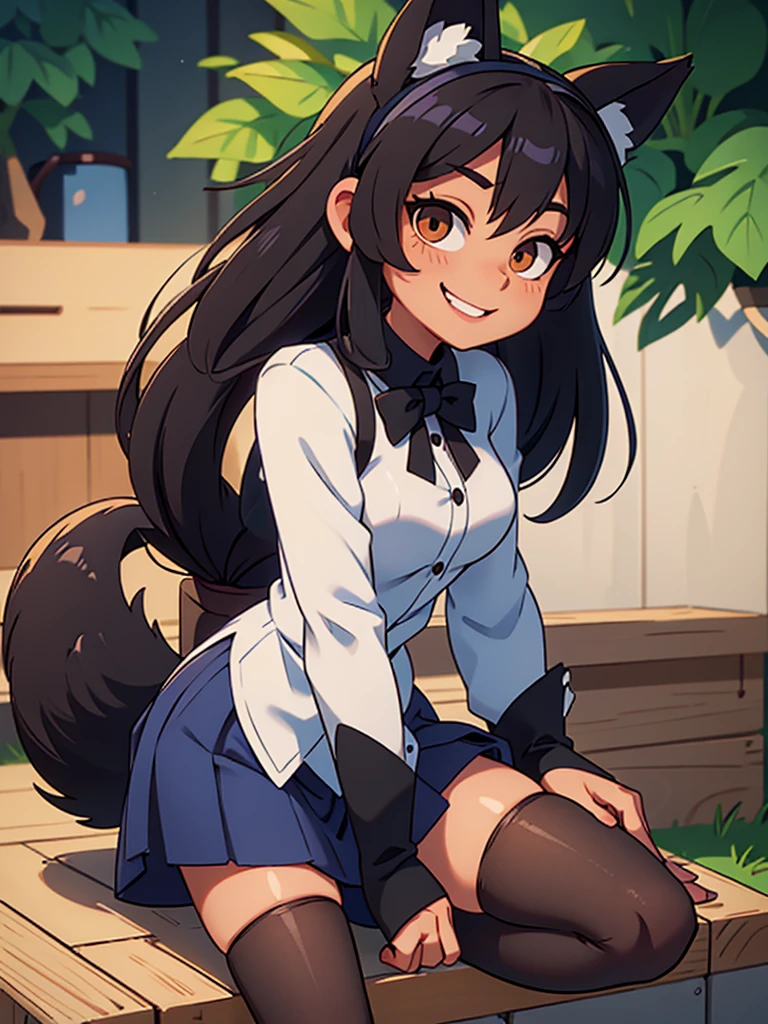 Female, kitsune, black fur, black hair, small sized breasts, big butt, royal blue miniskirt, royal blue bowtie, white long sleeve blouse, button up blouse, large black fox tail, large black fox ears, skinny, beautiful, smile, thigh high socks, white socks, royal blue headband, cute, innocent, brown skin, dark chocolate eyes,