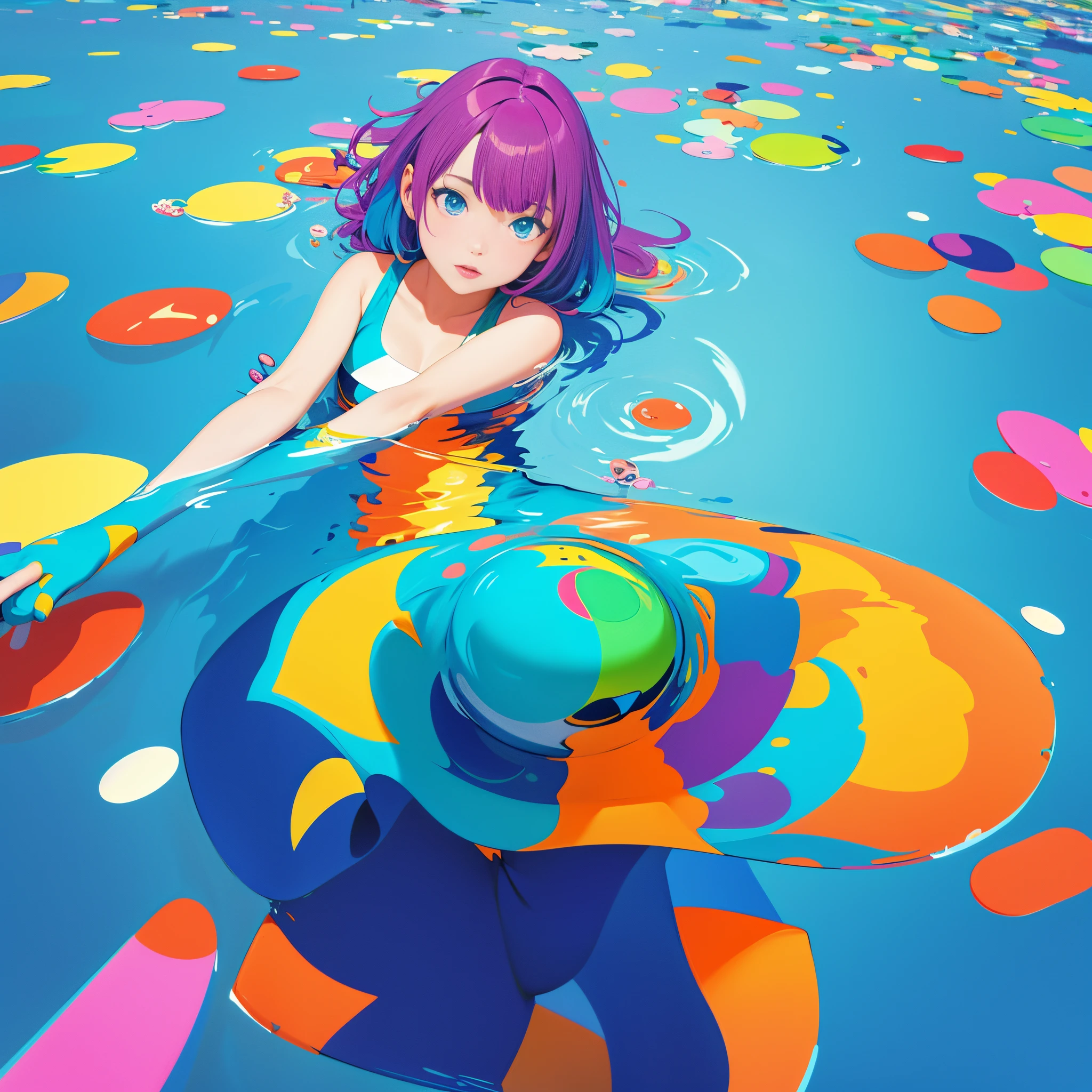 (ultra detailed,ultra high res,detailed background),((2D)),((flat color)),((colorful)),((floating colorful water)),1girl,solo,looking at viewer,BREAK