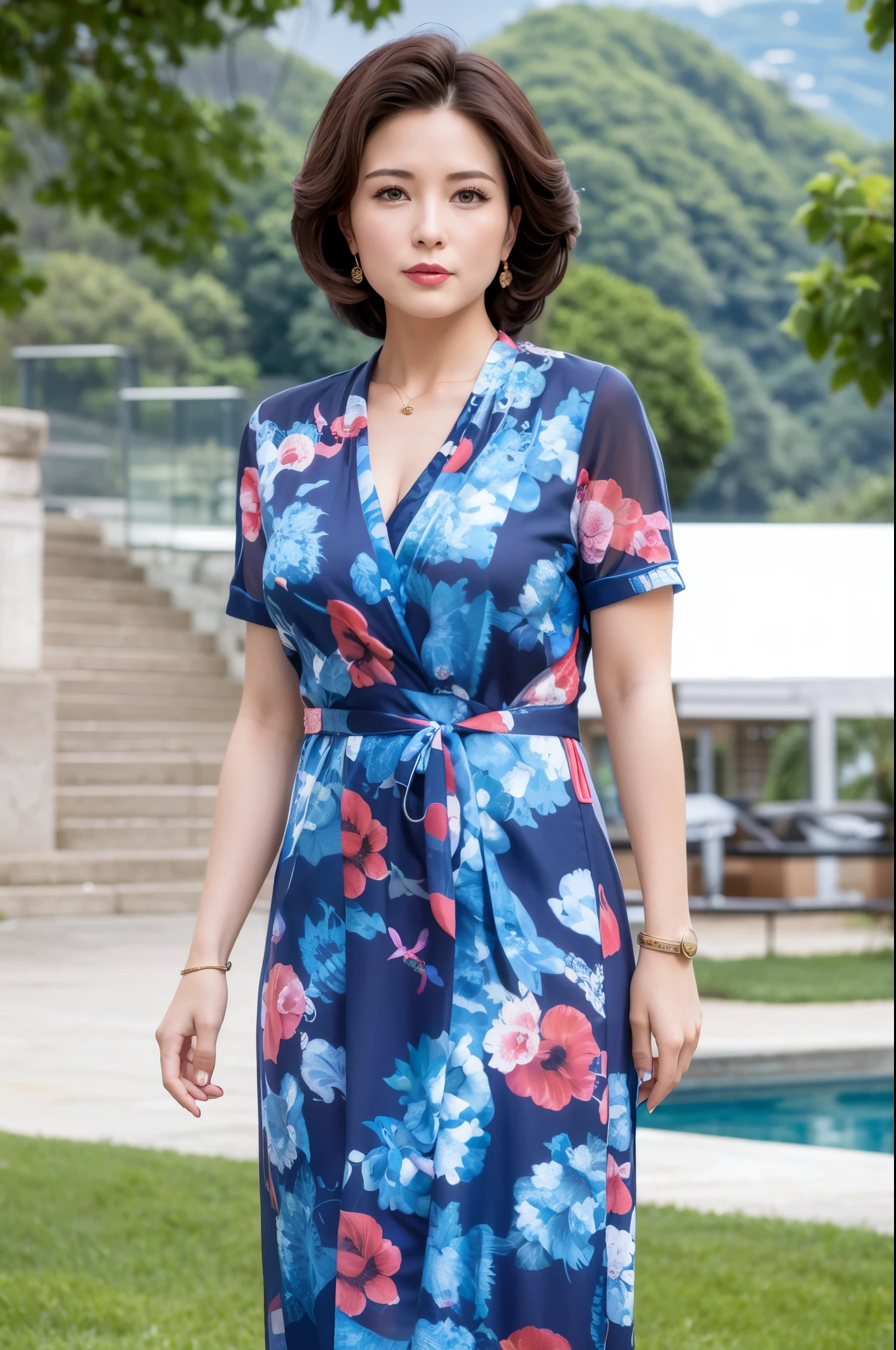 German woman in blue dress standing in front of swimming pool, Wearing red shoes on feet, On the cheongsam, full - length view, elegant tropical prints, big breasts thin waist, Floral new clothes, wearing red cheongsam, 1930s style clothing, Inspired by Liu Haisu, Elegant lady,