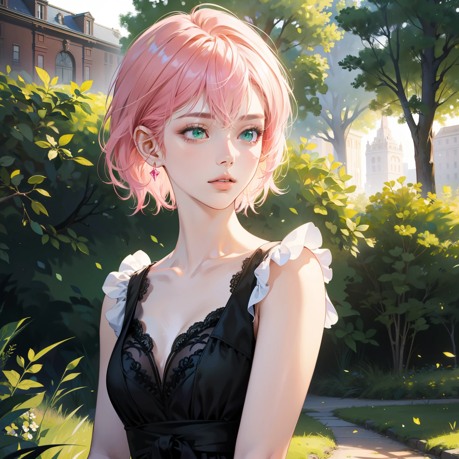 Masterpiece, high quality, best quality, HD, realistic, perfect lighting, detailed body, 1 woman, perfect eyes, short hair, pink Hair, glowing, black cute Dress, green park background.