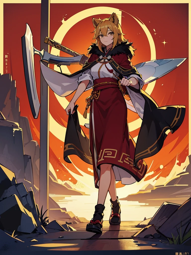 a lion,youkai,lion ears,wearing ancient Chinese costume,Cloak,shoe,A large knife,ax,Walk upright