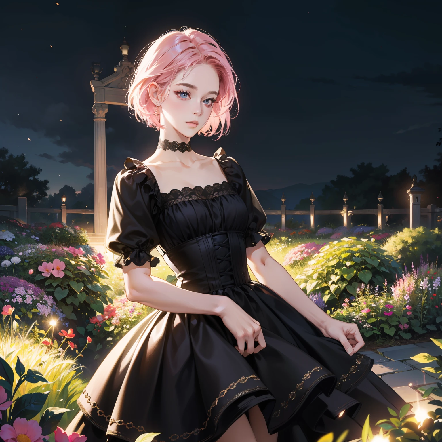 Masterpiece, high quality, best quality, HD, realistic, perfect lighting, detailed body, 1 woman, perfect eyes, short hair, pink Hair, glowing, black cute Dress, garden background.