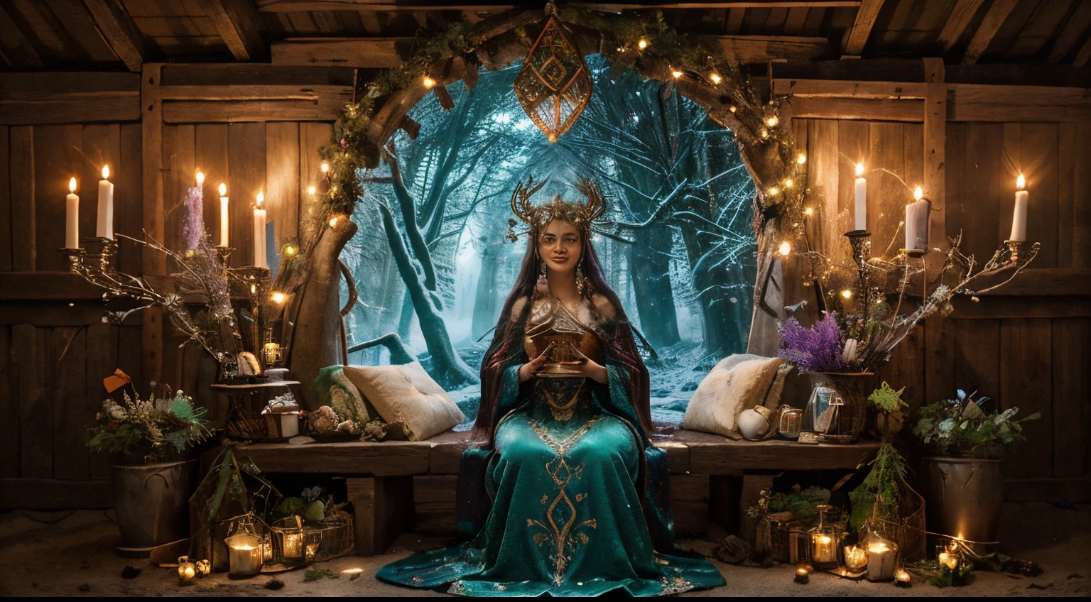 (best quality, high resolution), Nordic celebration, pagan festival, ((Middle Ages)), mythical creatures, traditional costumes, elaborate masks, moonlight dances, winter landscapes, flickering bonfires, enchanted forest, celestial magic, vivid colors, folklore, ancient rituals, mystical atmosphere, icy breath, whispering wind, mythical creatures",
"bright runes, fascinating music, community gathering, morning mist, ethereal beauty, feasting and drinking, ancient traditions, druidic magic, winter solstice, celestial alignment, snow-capped mountains, enchanting auroras, flickering torches, ancient spirits, dark forests, joy laughter, enchanting festivals, divine blessings, wisdom of the ancients, sacred ceremony, cosmic energy."