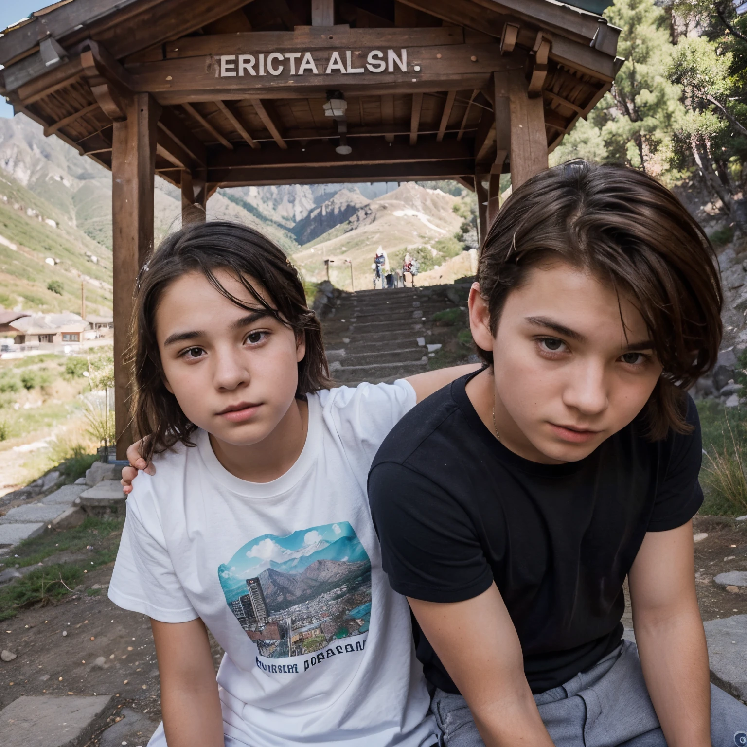 18 year old boy and girl have grown up on the mountains. There is a beautiful city under the mountains. The girl's name is H, the boy's name is B. Both of them have placed their hands on each other's shoulders. The color of the boy's girl's T-shirt is white.