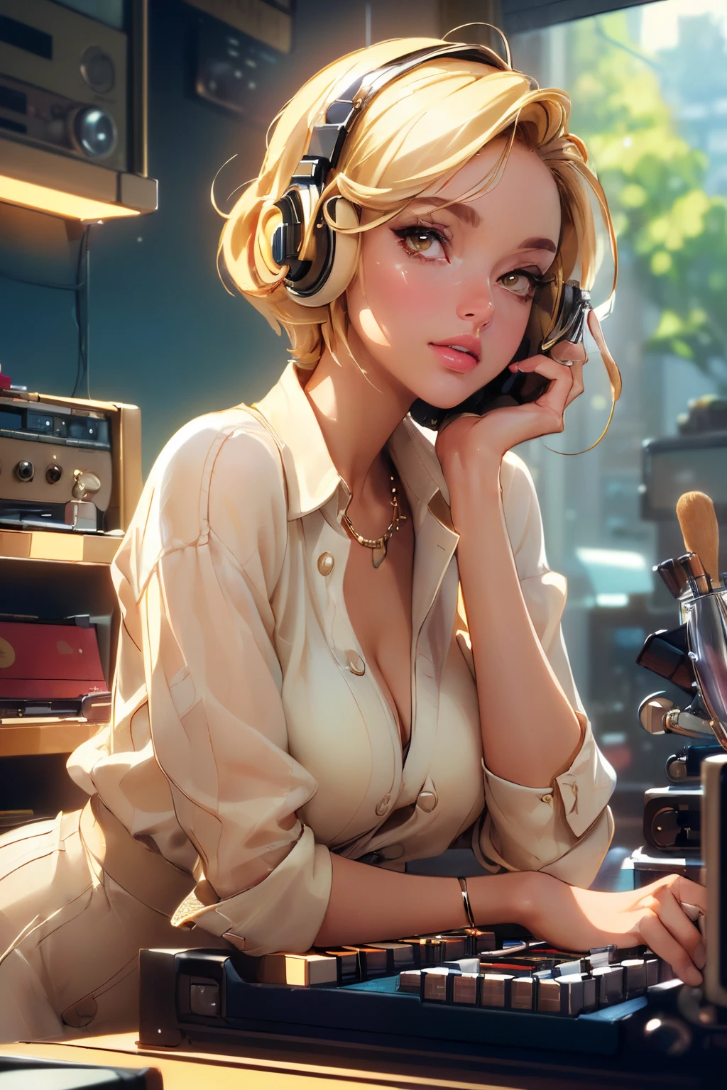 (masterpiece, best quality:1.4), ultra-detailed, soft light, natural lighting, cinematic light, film grain, (depth of field), (1woman, solo:1.4), mature woman, perfect female form, (perfect face, detailed face, glossy lips, eyeliner), short hair, blonde, (mixtape:1.4), (music store, discs, vinil, radio, amplifiers, speakers),