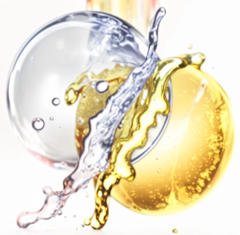 Molecules collide with clear liquid, made of oil and water, perfume, oil on water, clear liquid, liquid simulation, Skin is moisturized and shiny, golden reflection in water, bubbling liquids, Organic liquid metal, flow like oil, liquids, Oil to waist, Smooth surface, gold and silver ink, フォトリアリスティック，4K