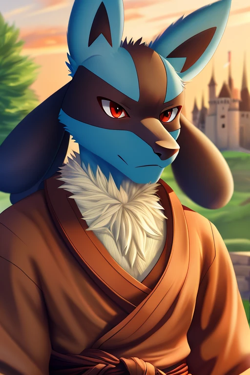 8k, super detail, best quality, anatomically correct, textured skin, solo, male, anthro, ((portrait Lucario wearing monk robes)), high detail, castle background, stoic expression