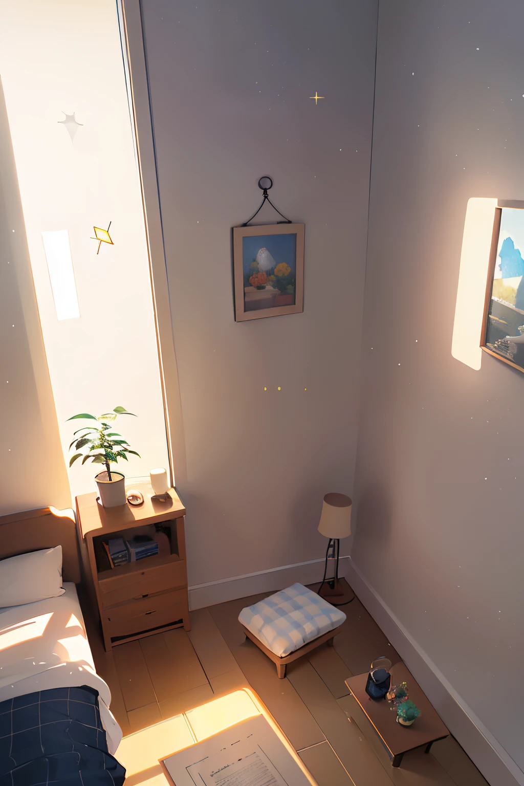 （pixar-style),Cozy small room model, Miniature character models, Light source from right to left, Rembrandt lighting, Light source from right to left, (iso-distance view), (Top-down), realistic scale, Post-processing, ((orthogonal)), super detailing, actual, hyper realisitc, real rendering, Irridescent color, glitters