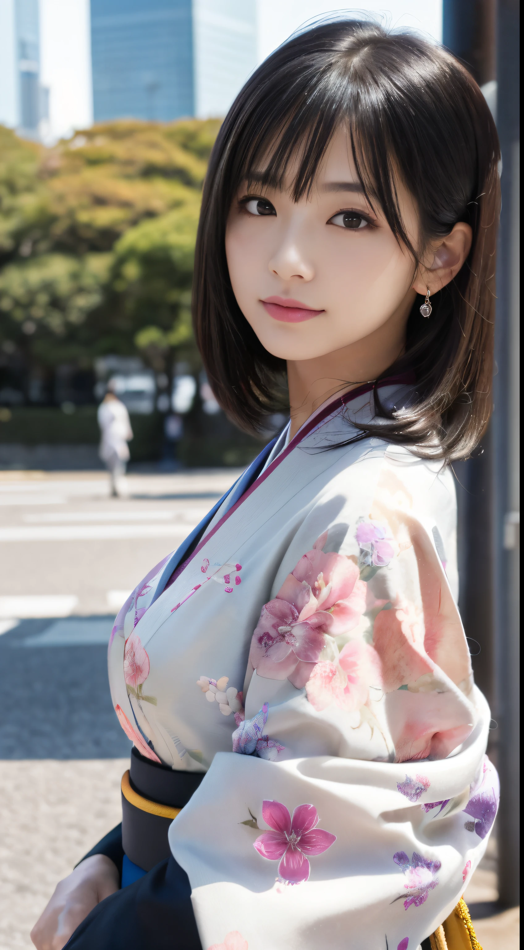(Kimono)(top-quality,​masterpiece:1.3,超A high resolution,),(ultra-detailliert,Beauty face),(Photorealsitic:1.4)Ultra-realistic capture,Highly detailed beautiful facial details,beautiful kimono details,,high-definition16Kfor human skin、 Skin texture is natural、The skin looks healthy with an even tone、 Use natural light and color,One Woman,japanes,,kawaii,A dark-haired,Middle hair,(depth of fields、chromatic abberation,fullbody image,Wide range of lighting、Natural Shading、)、Tokyo tower parking lot background image,Under the sparkling sun，
