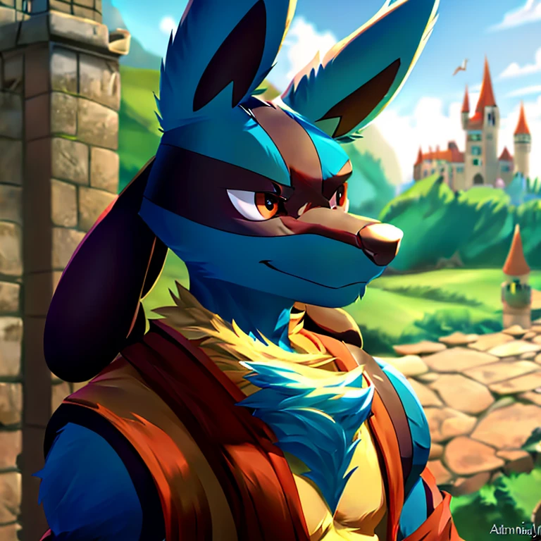 8k, super detail, best quality, anatomically correct, textured skin, solo, male, anthro, ((portrait Lucario wearing monk robes)), high detail, castle background, stoic expression