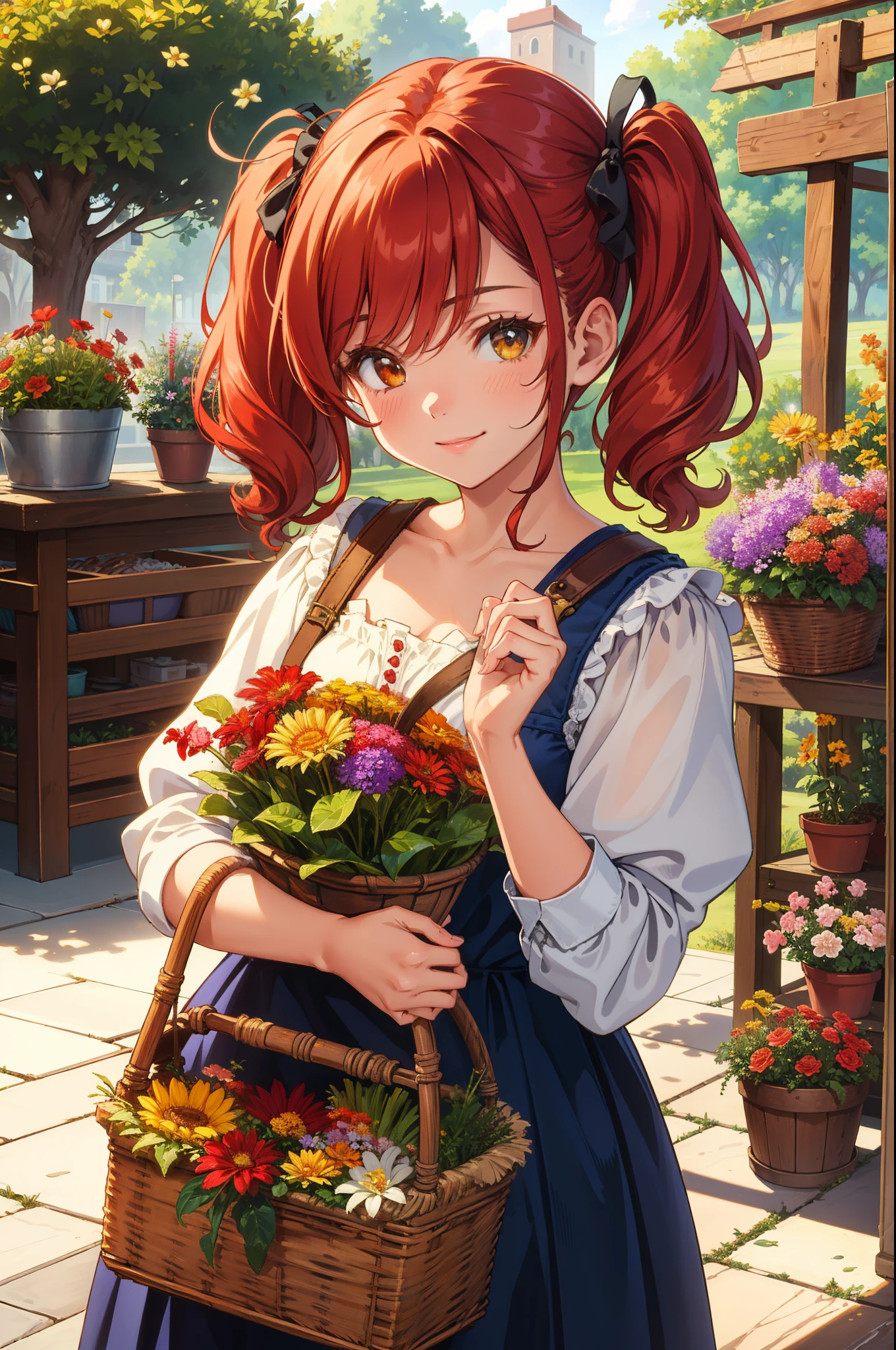 beautiful, (masterpiece:1.2), (best quality:1.2), Early 20th century Canada, cute 14-year-old girl smiling at viewer, Medium length red hair styled into pig tails, holding a basket full of flowers.