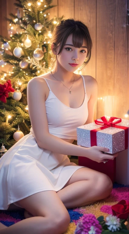 high high quality,ultra - detailed,(actual,realistically,realisticlying,,Full body lesbian,20 year old innocent girl,White top,reddress,Gift box,Colorful lights,vibrant with colors,,gentlesoftlighting,Fantastical Atmosphere,in a box,Gift box,