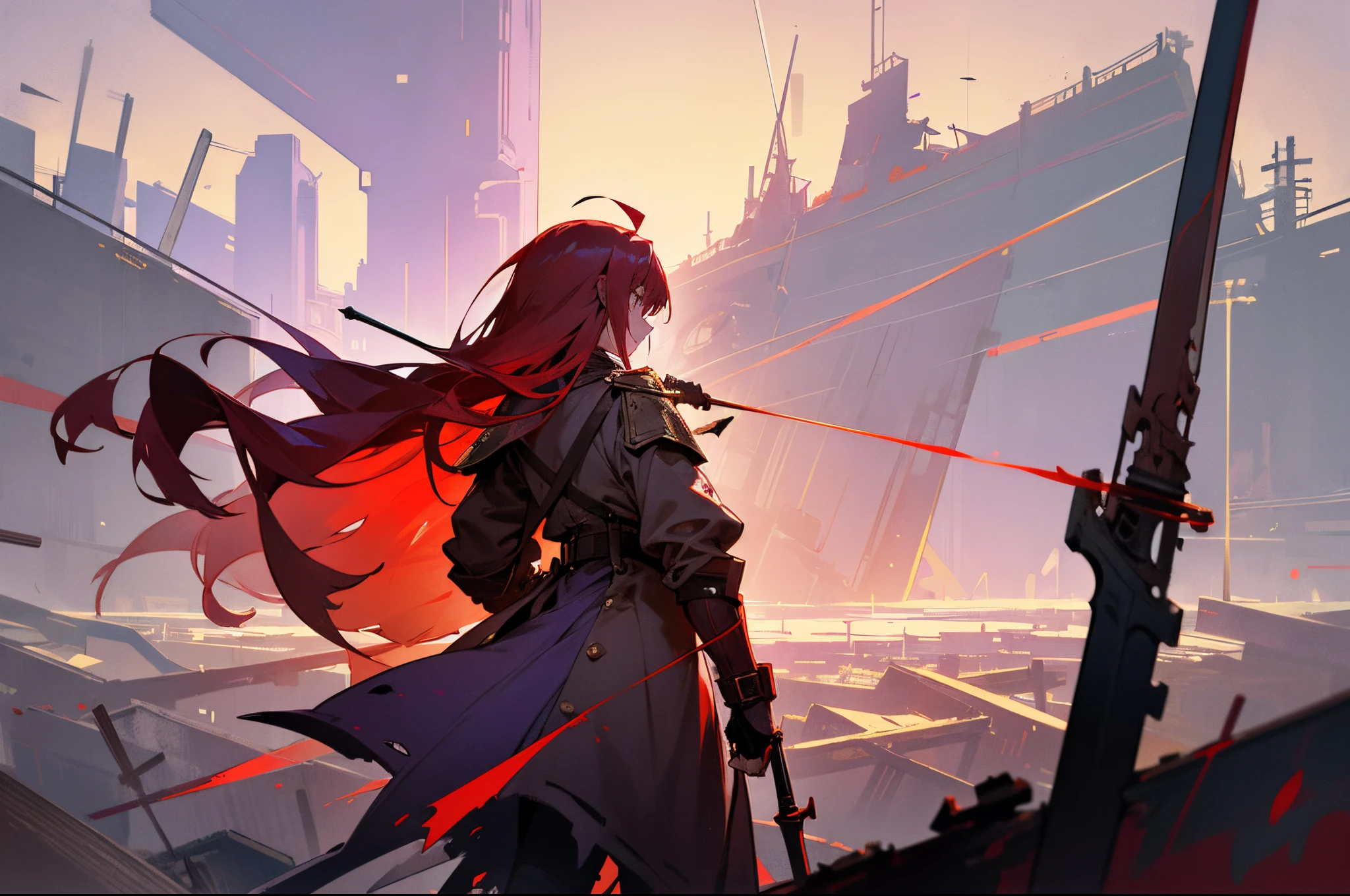 Long red waist-length hair,Messy,s girl,Alone,adolable,Sick,There are red threads in the sky,Purple style,Broken golden trench coat,Detail of broken light red armor,Incredible,dingdall effect,ssmile,Stand on the land,There are broken swords all over the back,broken wind,
