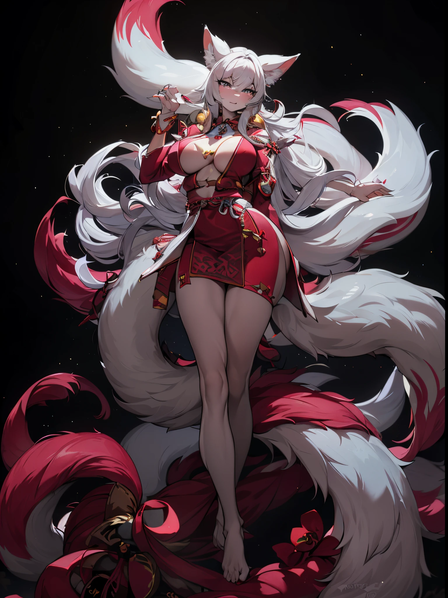 （Best quality），4K，Noble female nine-tailed white fox，furry ears and hands and feet，long leges，The expression is fascinating，Wear tribal clothing，forest backgrou，orc race，Pink Long Hair，vivd colour