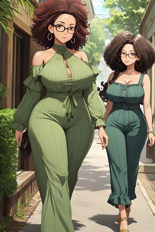 masutepiece, Best Quality),Detailed face, Detailed eyes, glasses afro、Forehead、large earring、 Curly hair, Large breasts, Big butt、Plump、Elegant woman, moss green jumpsuit, off shoulders、Wide pants、Schools, Walking、Full body